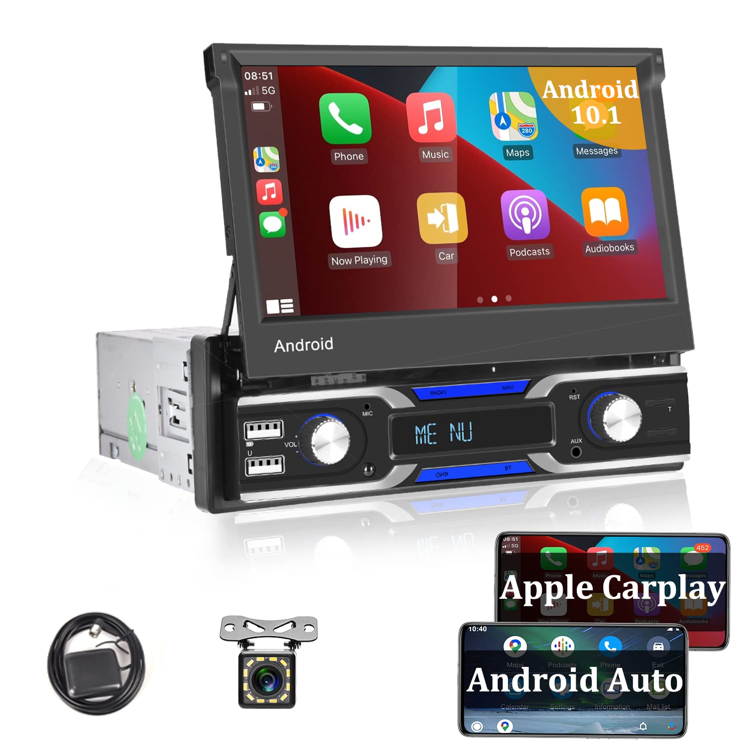 UNITOPSCI 7 Inch Single Din Android 10.1 Car Stereo with Flip Out Touch Screen | Apple CarPlay & Android Auto | GPS Navigation | Bluetooth | WiFi | FM | USB | AUX | Mirror Link | Backup Camera | Perfect for Road Trips & Daily Commutes