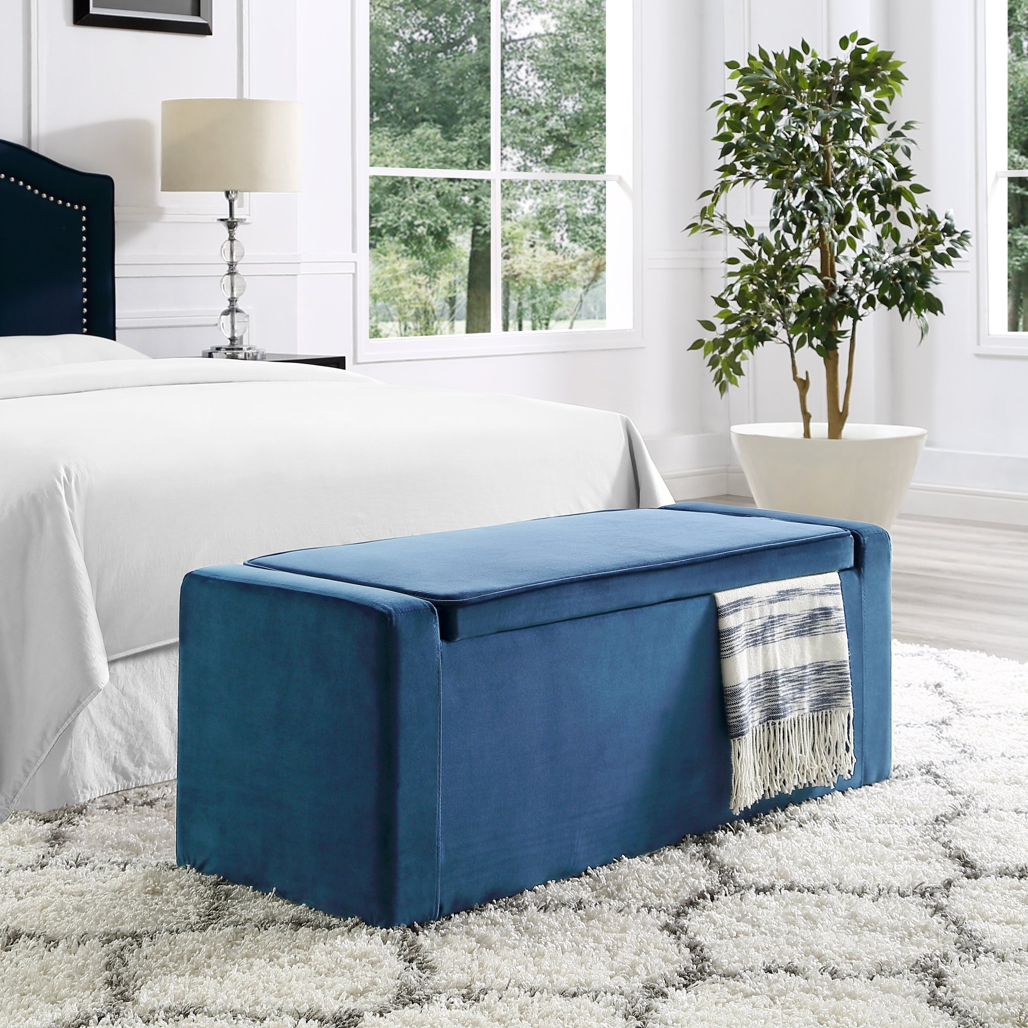 Fabroni Blue Velvet Storage Bench - Upholstered Shoe Storage Ottoman for Living Room, Entryway & Bedroom | Multi-Functional Seat & Decor | Perfect for Small Space Organization & Home Decor