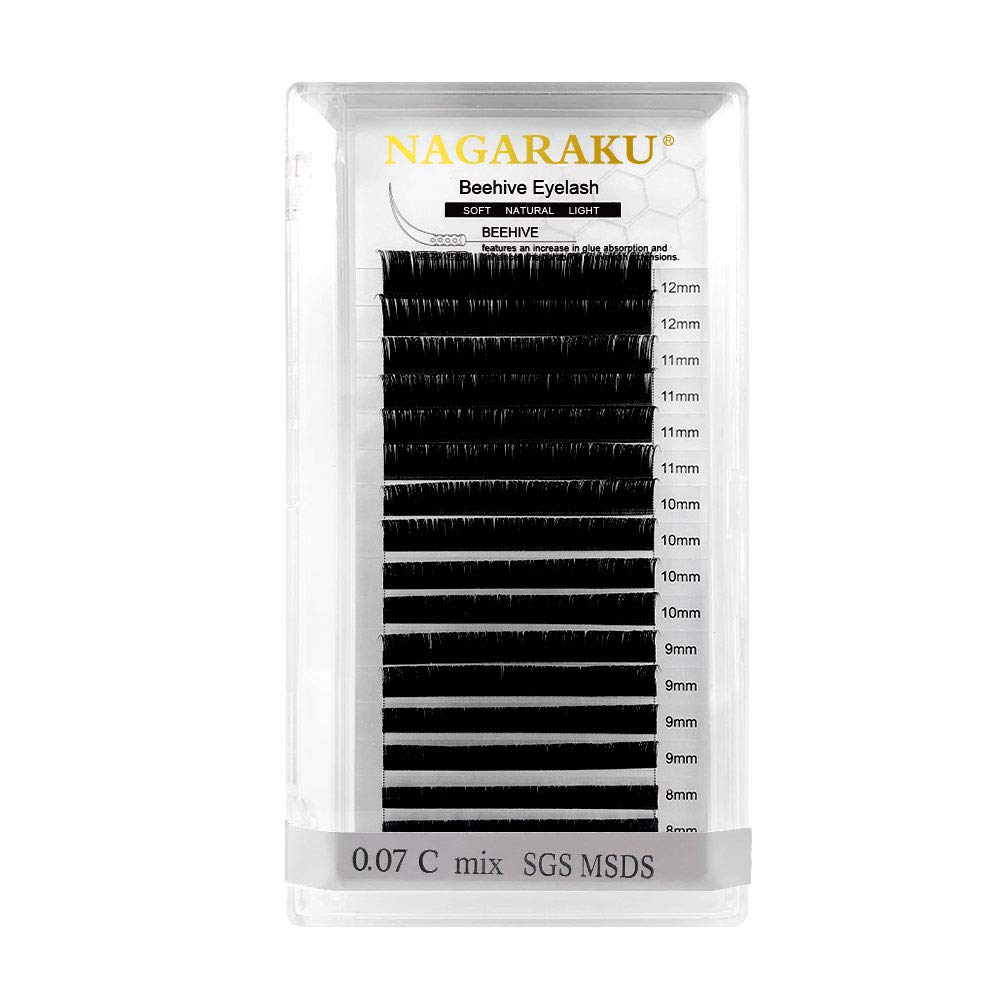 NAGARAKU Professional Laser Beehive Eyelash Extensions - Matte Black Individual Clusters, 16 Rows, 7-15mm Mix Length, 0.12mm Thickness, C Curl - Long Lasting Salon Quality Eyelash Makeup for Volume & Dramatic Look - Perfect for Weddings, Parties & Special Occasions