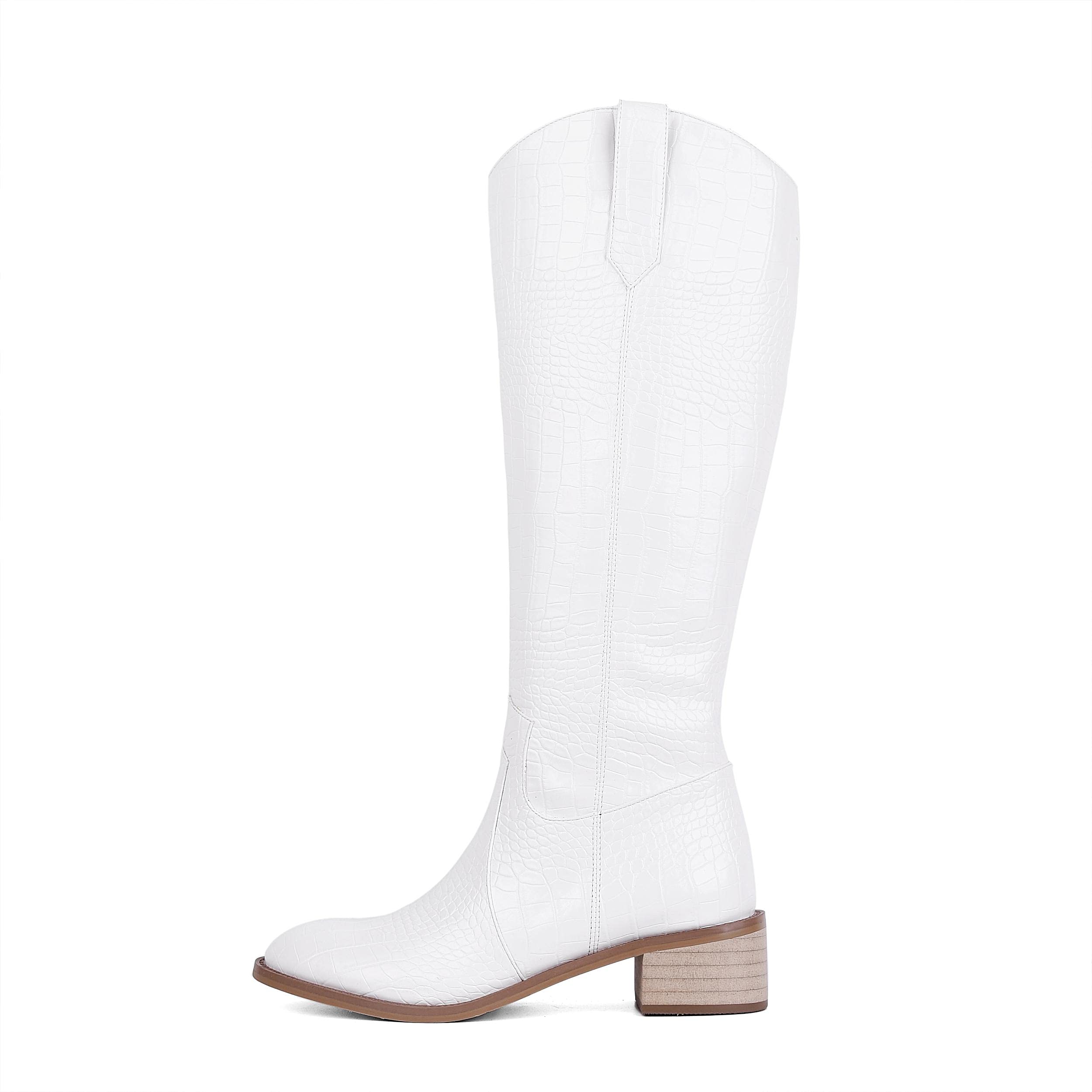 LHQ Women's Flat White Boots - Thick Heel Knee High Western Cowboy Booties with Zipper | Pointed Toe Ankle Boots for Fall Fashion, Country Style Outfits & Casual Wear