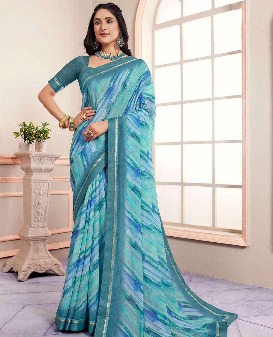 Blue Abstract Printed Casual Brasso Saree with Striped Border - Perfect for Parties, Weddings & Festive Occasions