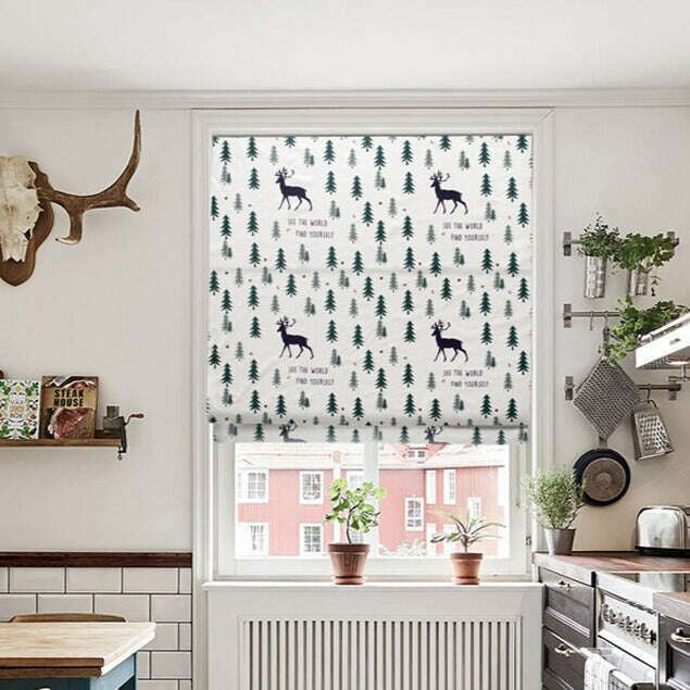 Premium Napa Roman Blinds - White Christmas Tree Deer Print Window Shades for Holiday Home Decor | Perfect for Living Room, Bedroom & Seasonal Festive Decorations