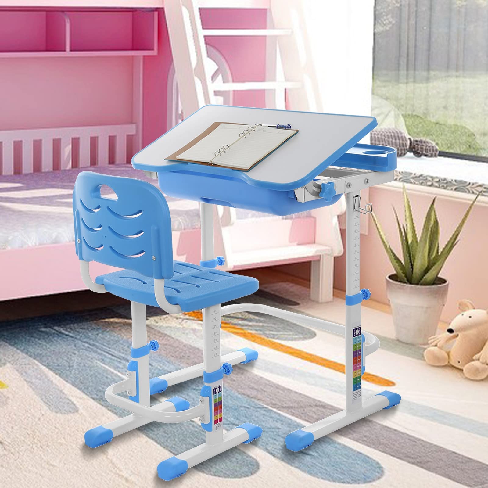 HUMKOMJ Adjustable Height Kids Desk and Chair Set - Ergonomic Study Table with Storage Drawer & Desktop - Perfect for Homework, Drawing & Online Learning (Blue)