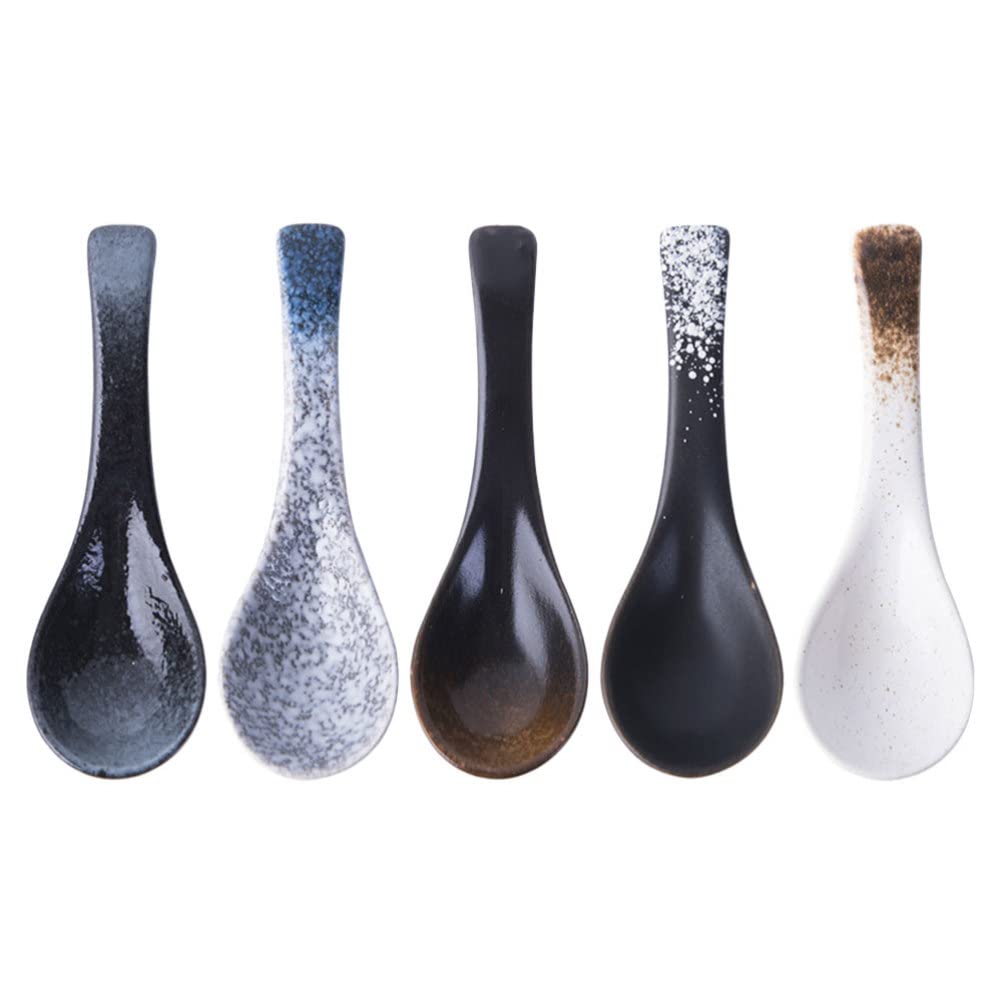FRCOLOR 5-Piece Japanese Style Ceramic Soup Spoons - Asian Chinese Soup Serving Spoons for Ramen, Pho, Miso - Perfect for Home, Restaurant & Hotel Dining