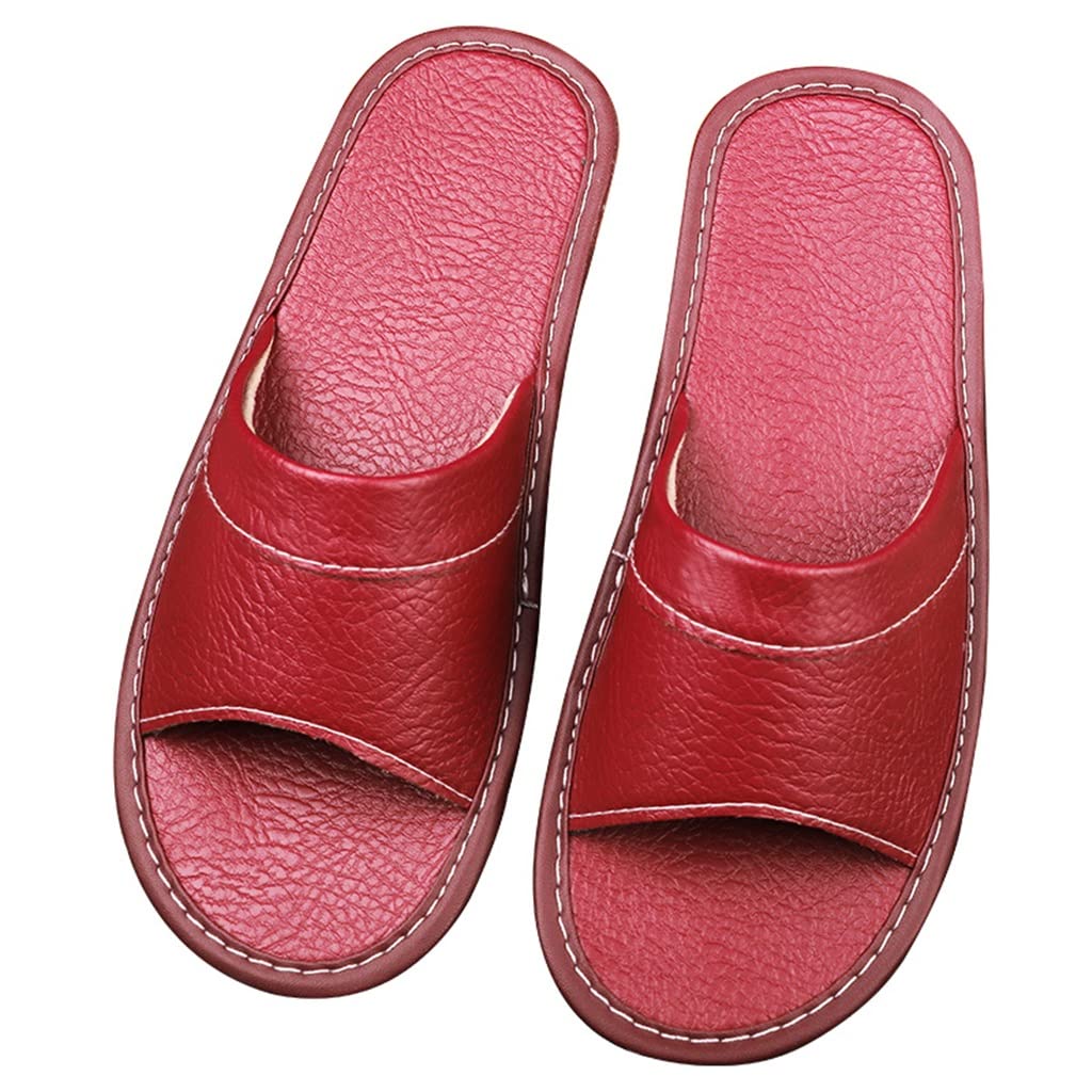 Women's Spring Summer Leather Slippers - Non-Slip Indoor House Shoes for Women - Comfortable Casual Home Footwear (Red, Size 37/38) - Perfect for Lounging, Relaxing at Home & Light Outdoor Use