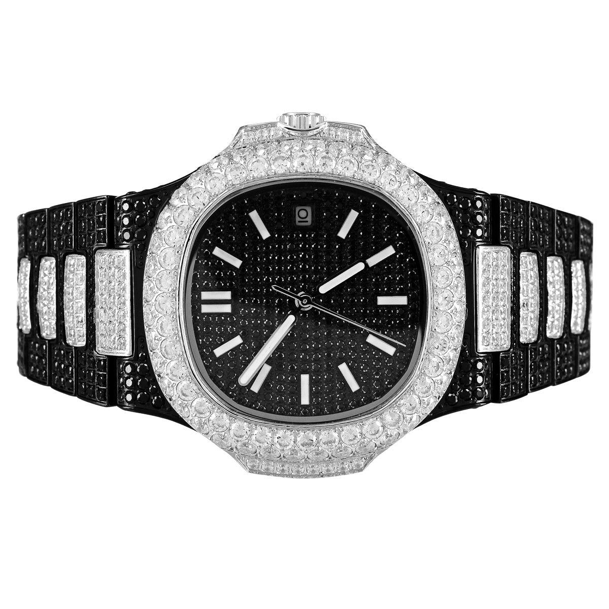 Men's Black Stainless Steel Automatic Watch with Custom Icy Design - Perfect for Business, Casual & Formal Occasions