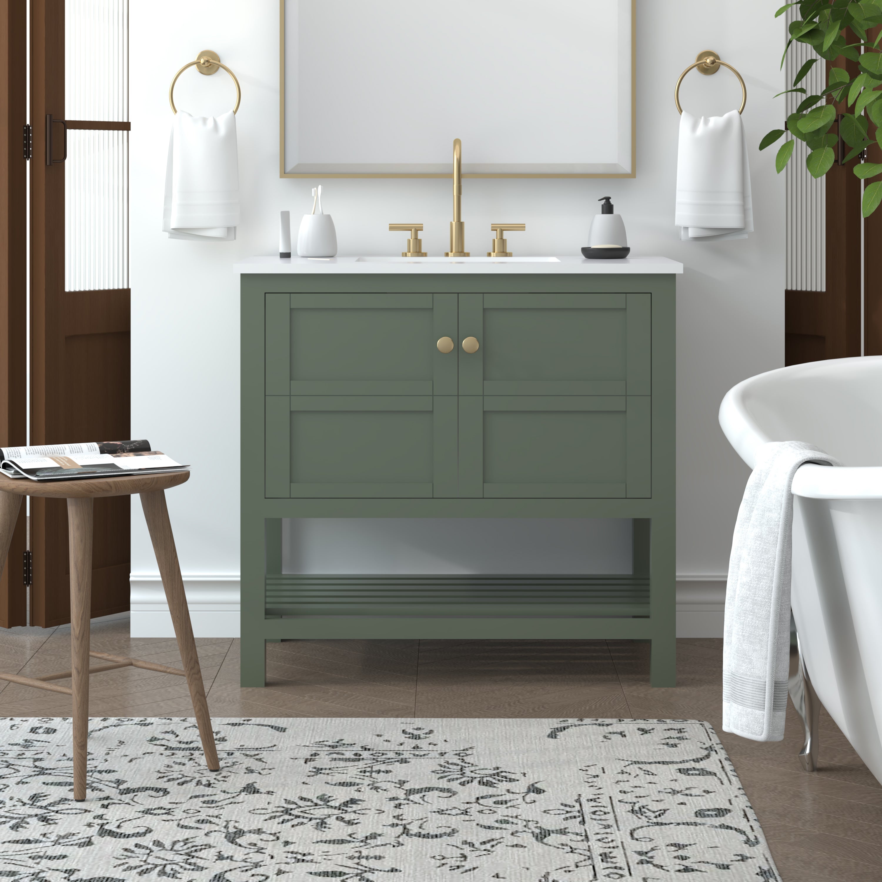 35.5 Inch Bathroom Vanity Cabinet in Sage Green - Modern Single Sink Storage for Small Bathrooms | Nearmé Dallas Collection | Perfect for Powder Rooms, Guest Baths & Apartment Renovations