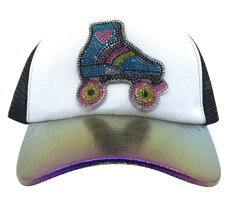 Bari Lynn Women's Crystal Roller Skate Trucker Hat - Stylish Rhinestone Embellished Cap for Skaters, Roller Derby, and Retro Fashion Enthusiasts