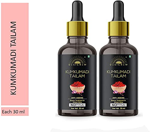 DesiCrew Kumkumadi Tailam Face Oil - Ayurvedic Facial Oil for Glowing, Spotless, Anti-Aging & Radiant Skin - Golden Glow Formula - 60ml (Pack of 2) - Perfect for Nighttime Skincare Routine & Daily Anti-Wrinkle Treatment