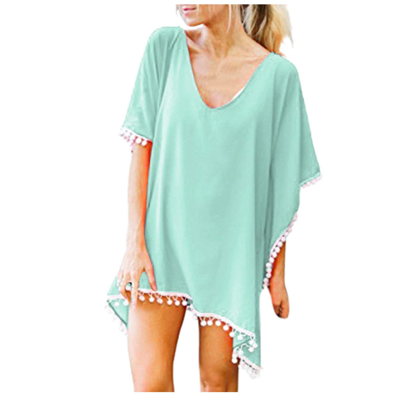 JUNGE Women's Swim Cover Up with Tassels - Chiffon Bikini Beach Cover Up Tops for Women & Teens - Plus Size Swimwear - Perfect for Poolside, Beach Vacations & Summer Getaways