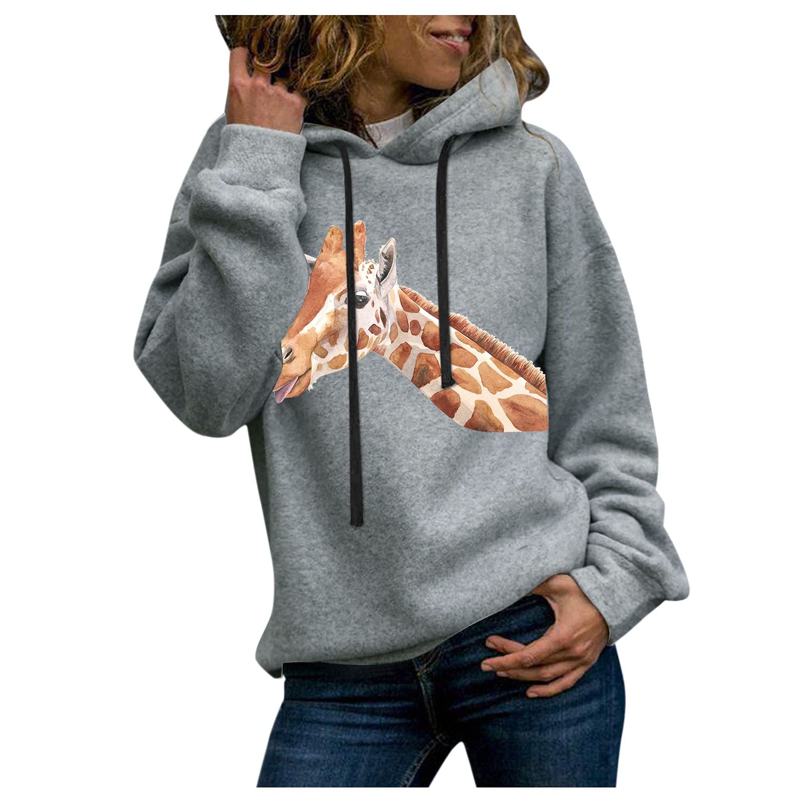 Stylish Women's Graphic Print Pullover Hoodie - Casual Full Sleeve Giraffe Design Sweatshirt for Everyday Wear | Perfect for Streetwear, Lounge & Outdoor Activities
