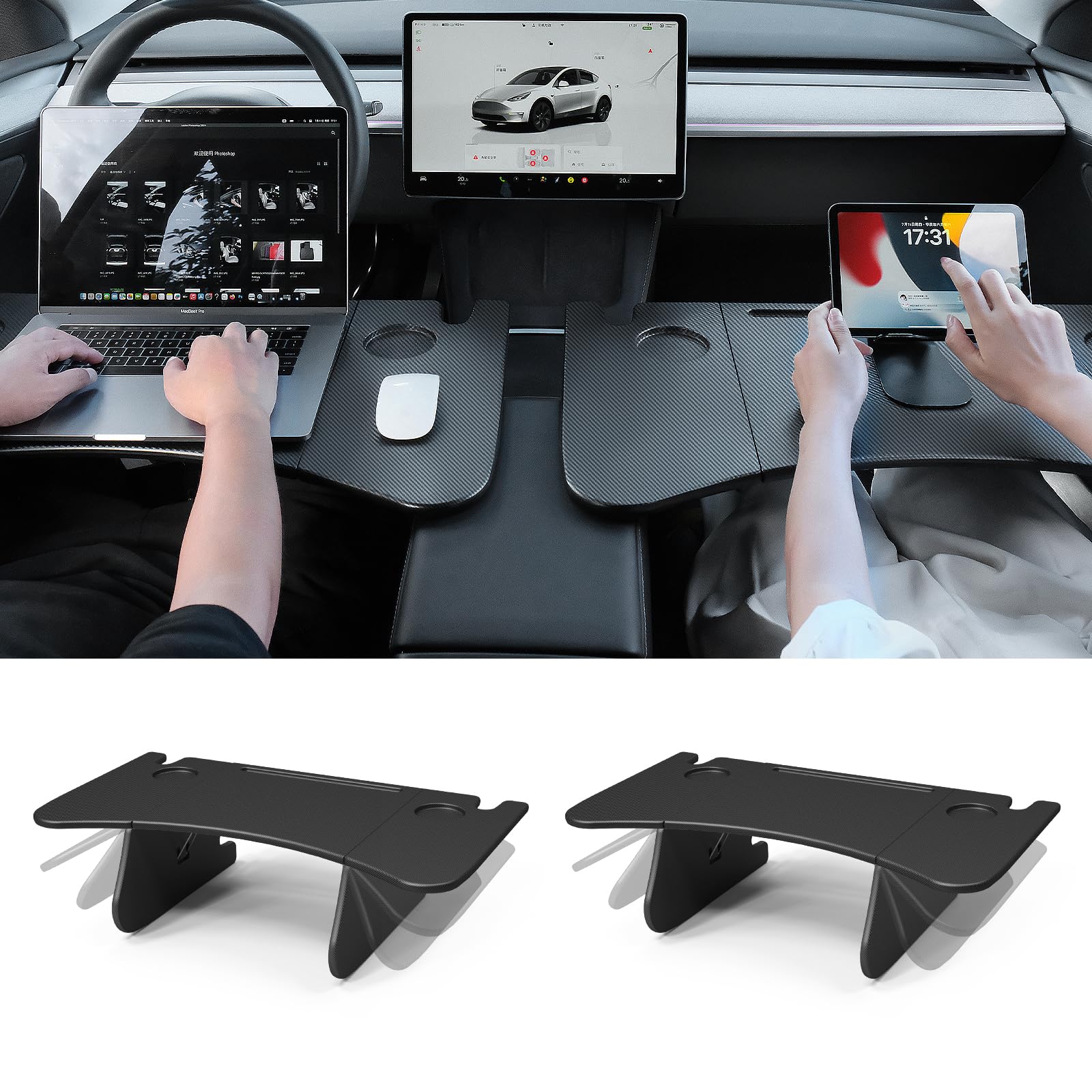 YONZEE Foldable Car Laptop Desk for Tesla Model 3 & Model Y (2021-2024) - Carbon Fiber Edition | Portable Workstation for In-Car Office, Dining & Outdoor Travel | 2-Pack Multi-Purpose Vehicle Accessories