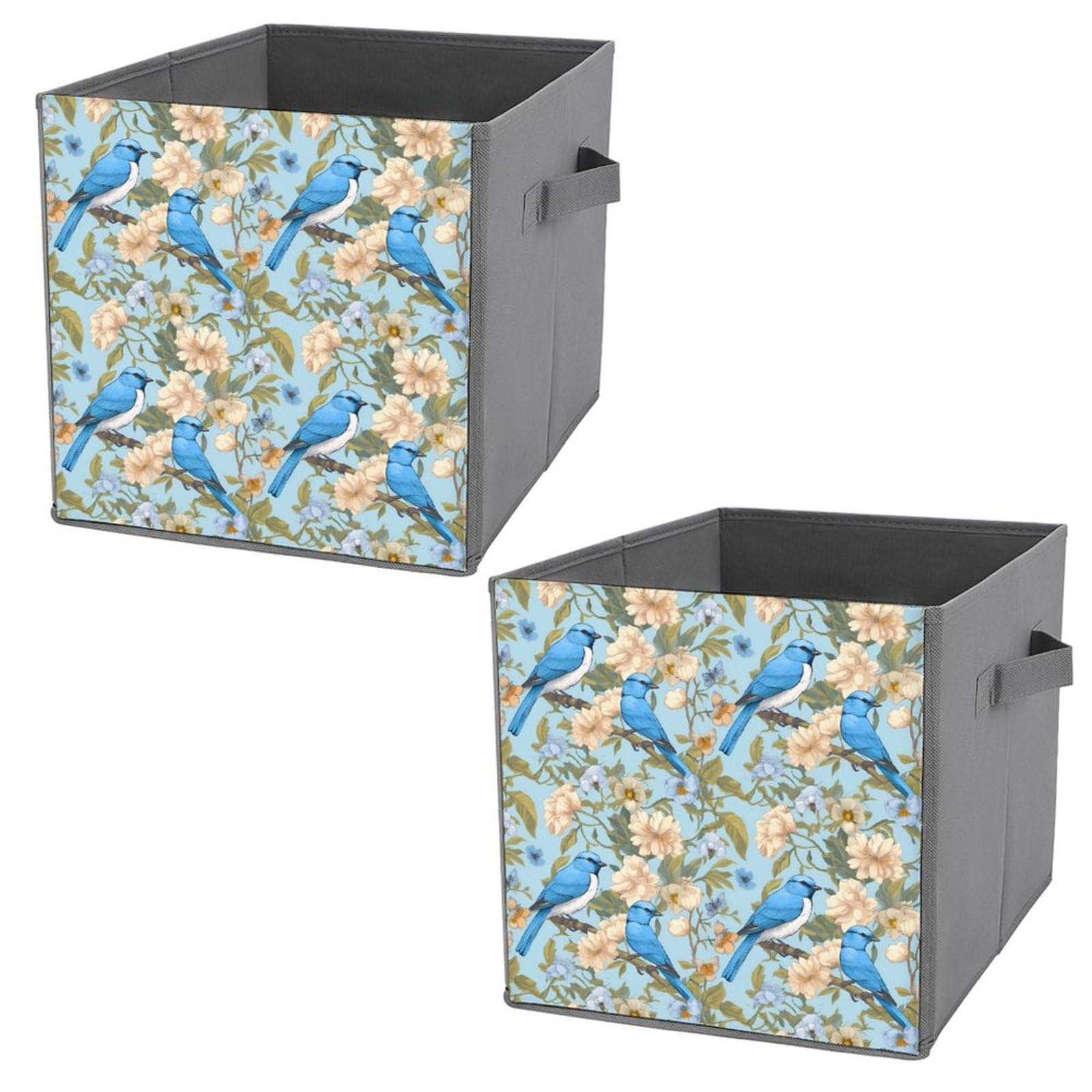Blue Birds Flowers Folding Storage Cubes - Durable Fabric Storage Bins with Handles, 2-Pack - Perfect for Closet, Nursery, and Home Organization