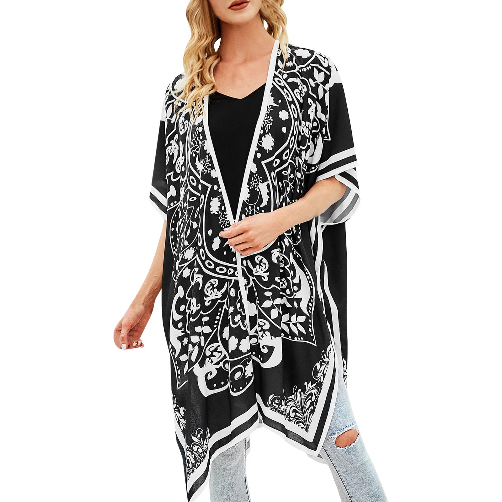 Women's Floral Print Kimono Cardigan - Short Sleeve Seaside Blouse with Pom Decor for Beach Cover Up, Summer Outfits & Boho Fashion