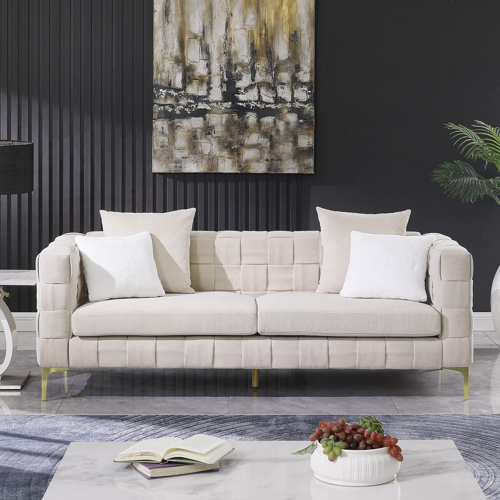 Yoglad Modern 3-Seater Tufted Velvet Sofa with Pillows & Metal Legs - 85