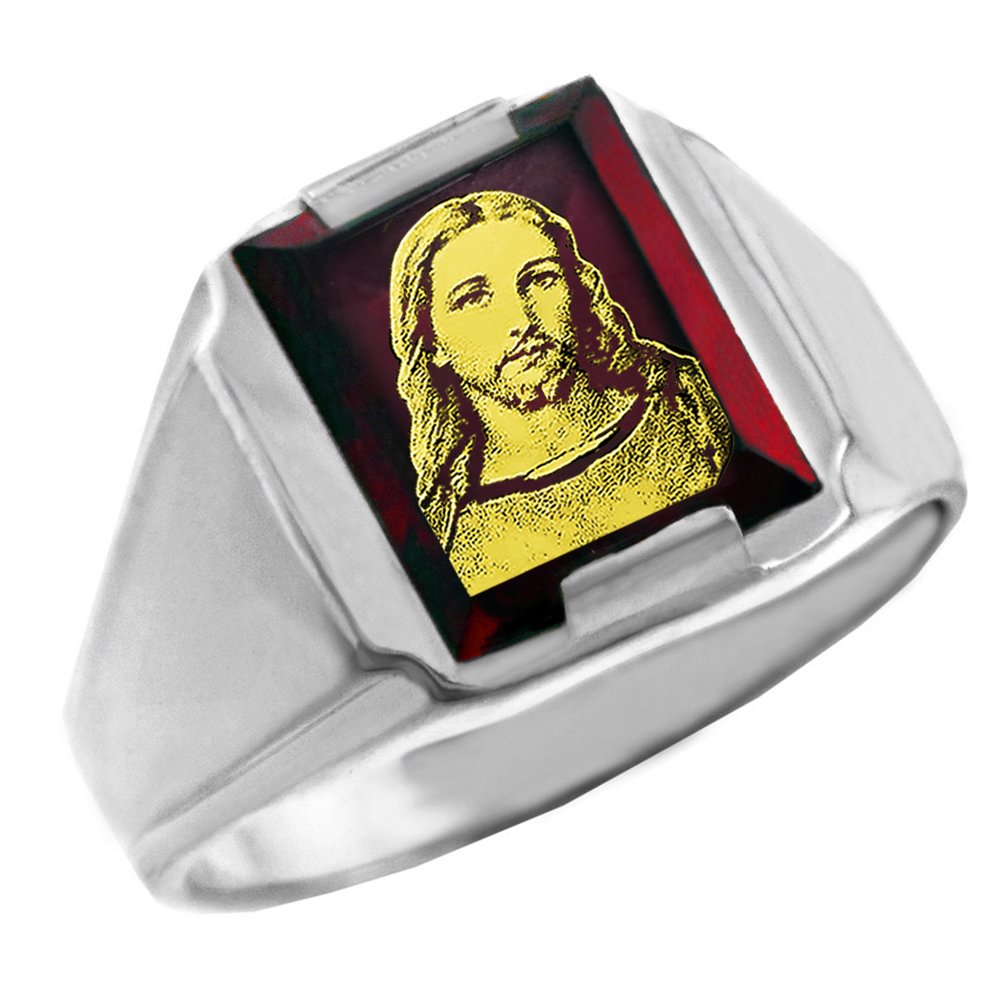 FDJ 925 Sterling Silver Men's Religious Ring with Red Stone & Jesus Face - Perfect for Church, Weddings & Daily Faith Wear