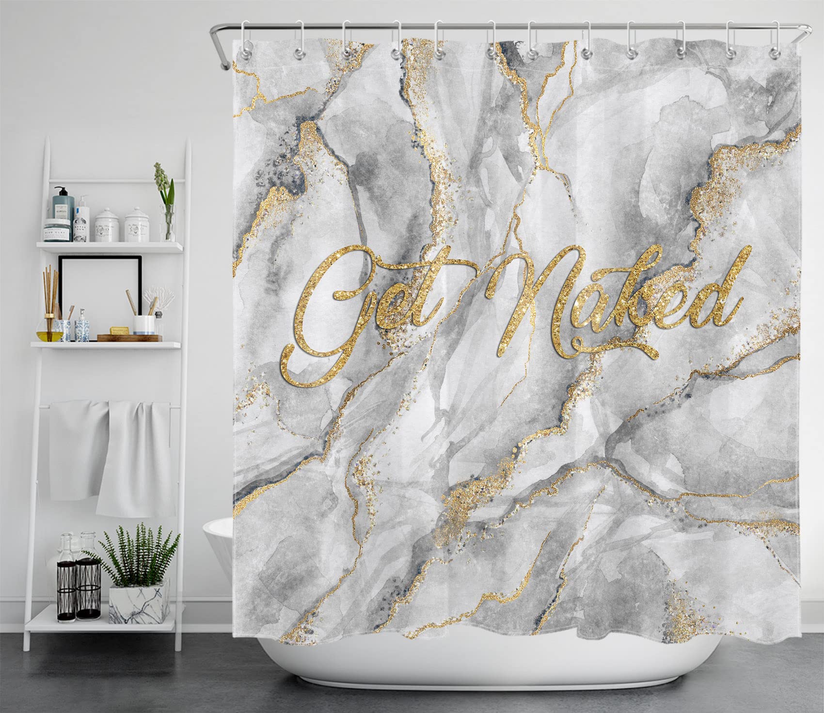 HVEST Modern Abstract Marble Shower Curtain - Gold 'Get Naked' Design with Hooks, 72x78 Inches, Waterproof Bathroom Decor for Luxury Spa, Hotel & Home Bathroom Upgrade