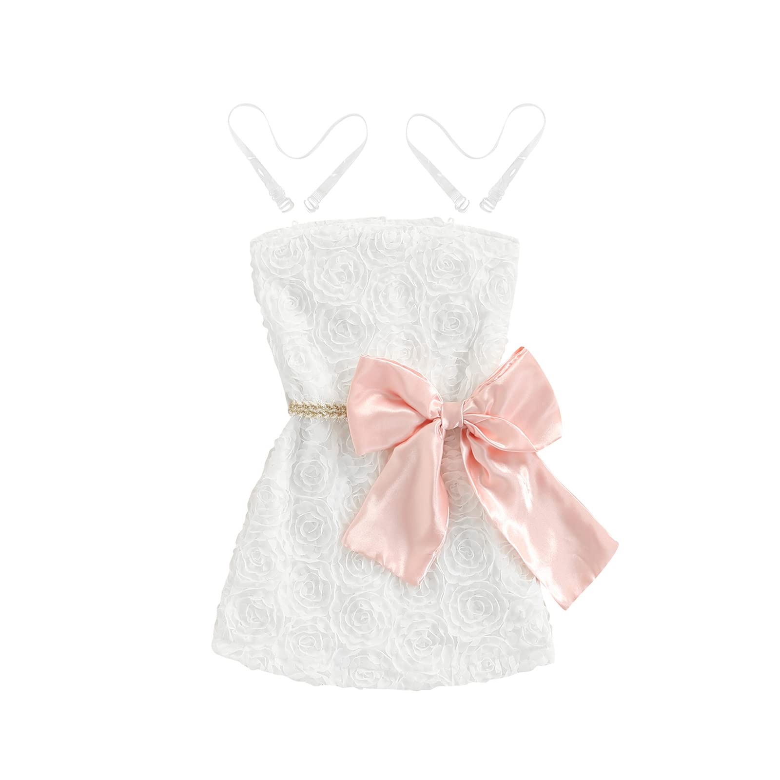 **Elegant Floral Bow White Toddler Girl Formal Dress - Sleeveless Summer Princess Party Dress for Weddings, Baptisms & Special Occasions**
