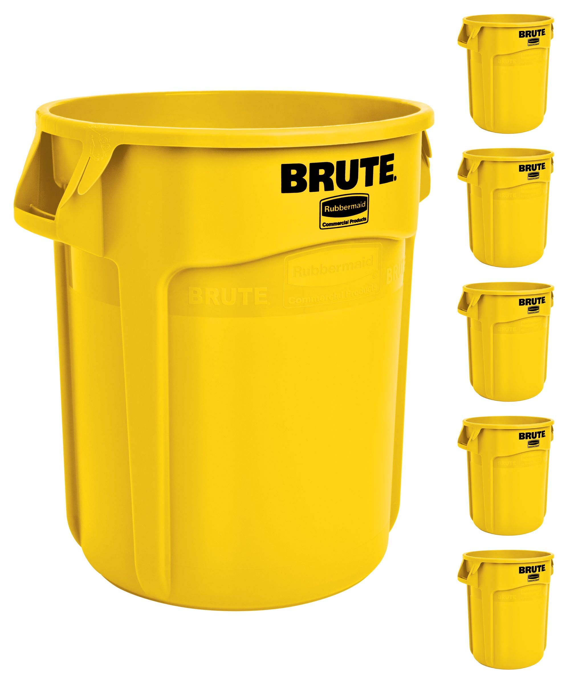Rubbermaid BRUTE 20-Gallon Heavy-Duty Round Trash Can - Commercial Grade Outdoor Garbage Bin for Landscaping, Construction, Restaurants, Offices & Warehouses - Durable Yellow Waste Container (Pack of 6) - Ideal for Back of House, Yard Waste Disposal & High-Traffic Areas