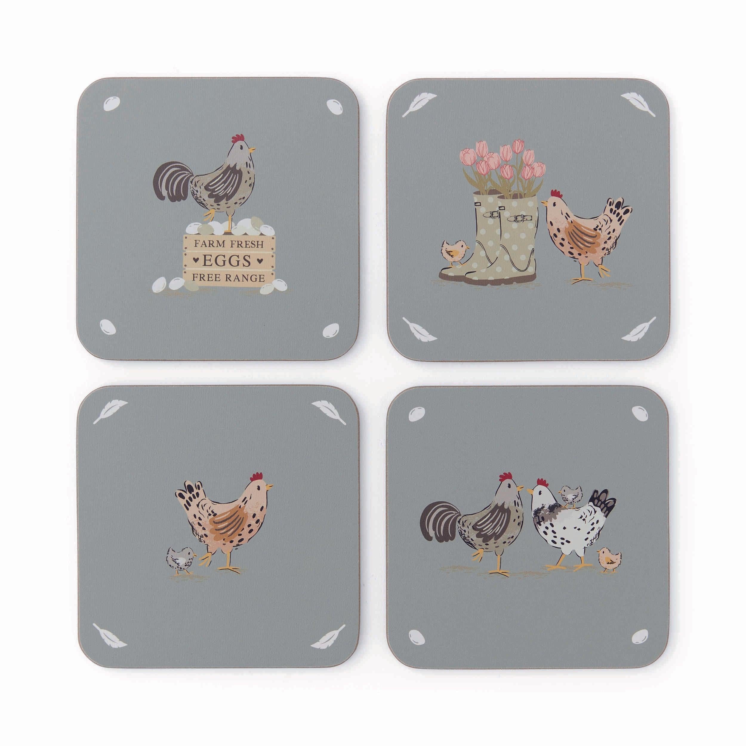 Hen House Lane Set of 4 Absorbent Cork Coasters - Perfect for Coffee Tables, Dining Tables & Home Decor, Protects Furniture from Stains & Water Rings