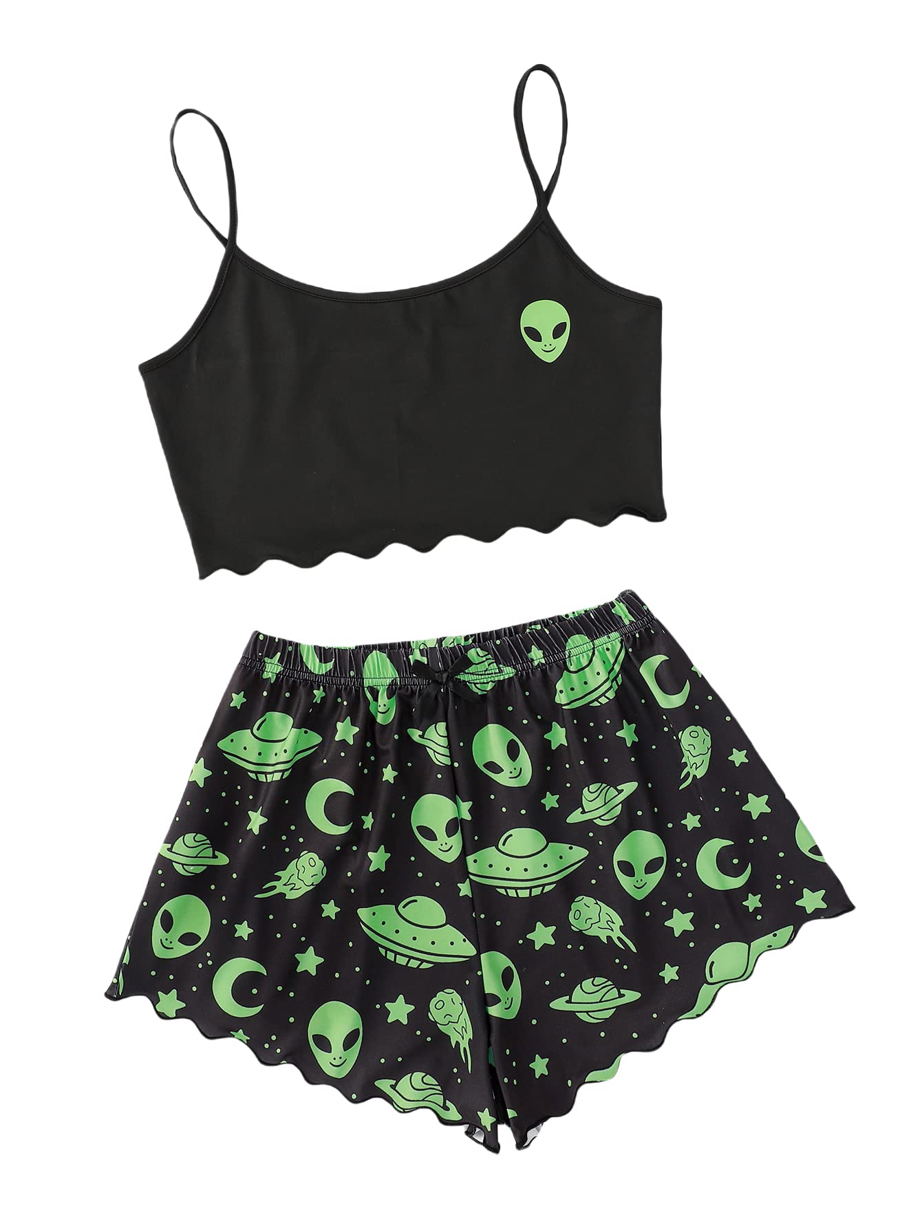 WDIRARA Women's Sleepwear Set - Cute Printed Cami Top & Shorts Pajamas with Lettuce Trim | Soft & Comfortable Nightwear for Lounge, Sleep & Relaxation
