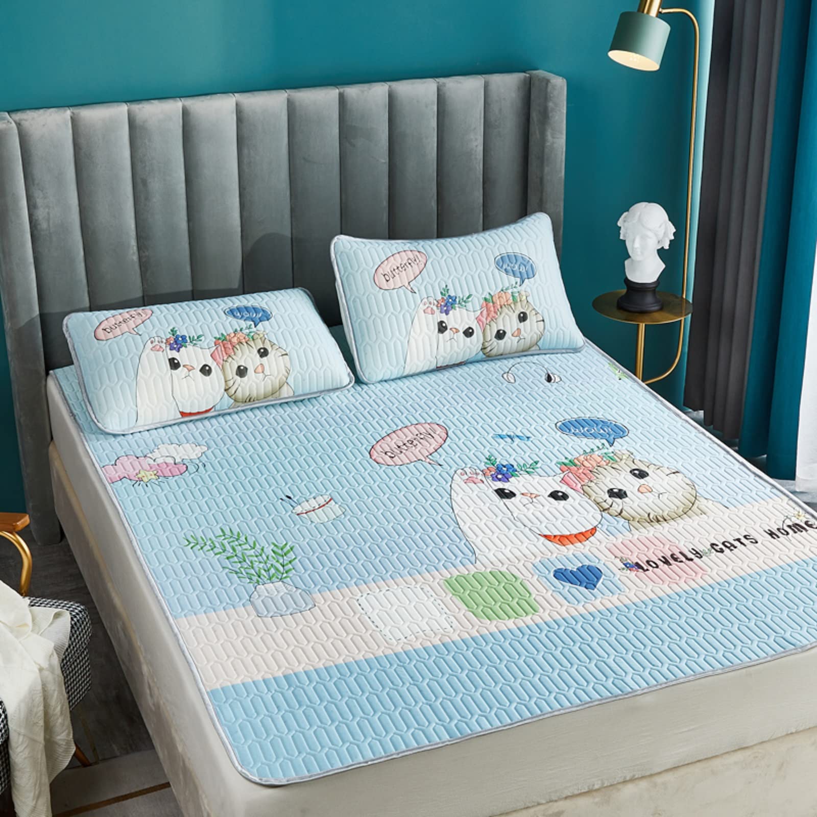 XWSM Summer Cooling Ice Silk Mat - Foldable Breathable Mattress Topper with Cartoon Design & Pillowcase - Air Conditioning Sleeping Pad for Hot Weather - Perfect for Home, Office, Camping & Travel