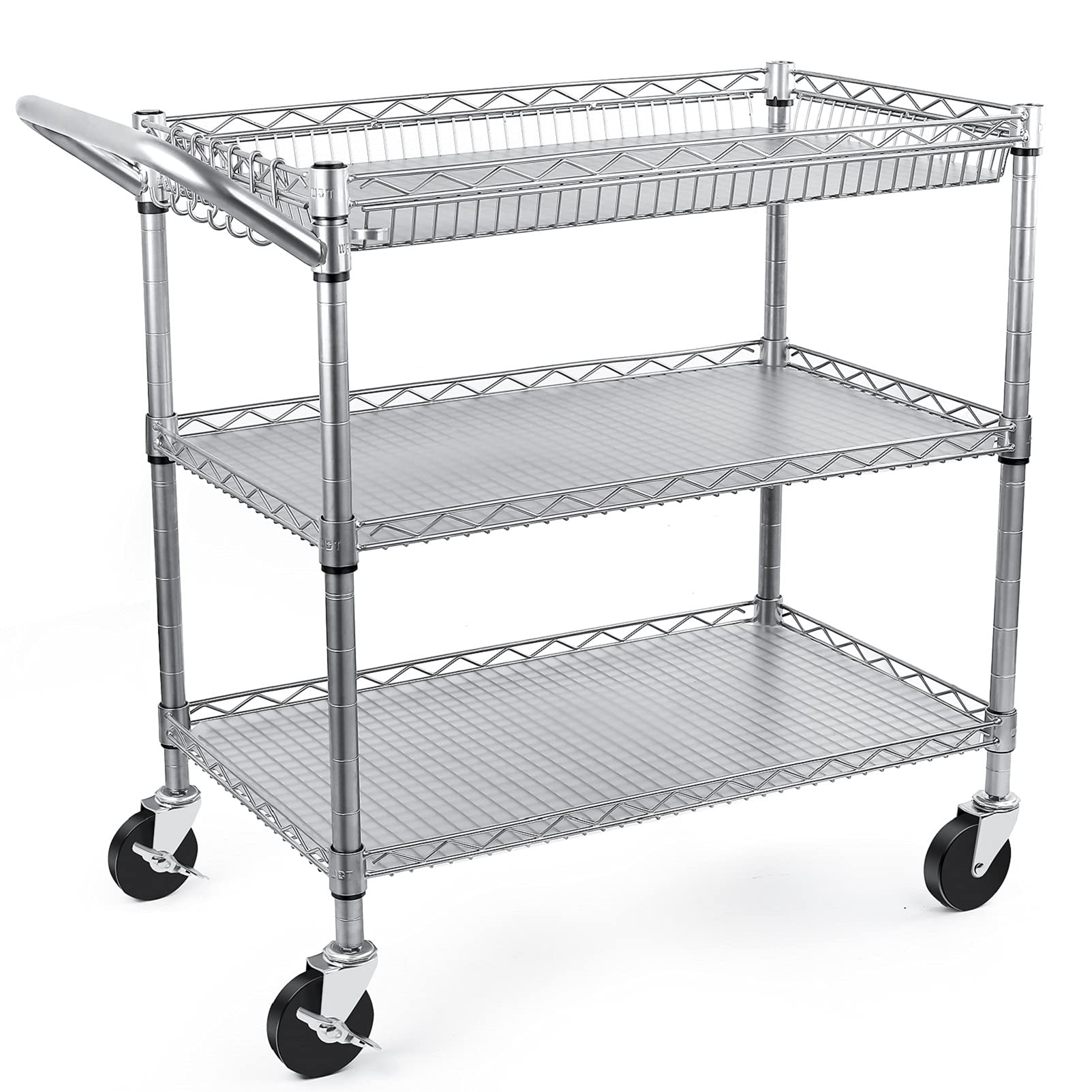 Heavy Duty 3-Tier Utility Cart with Wheels - 990Lbs Capacity Commercial Rolling Cart | NSF Listed Metal Service Cart with Shelving Liners & Handle Bar | Perfect for Kitchen, Office, Warehouse & Retail Use