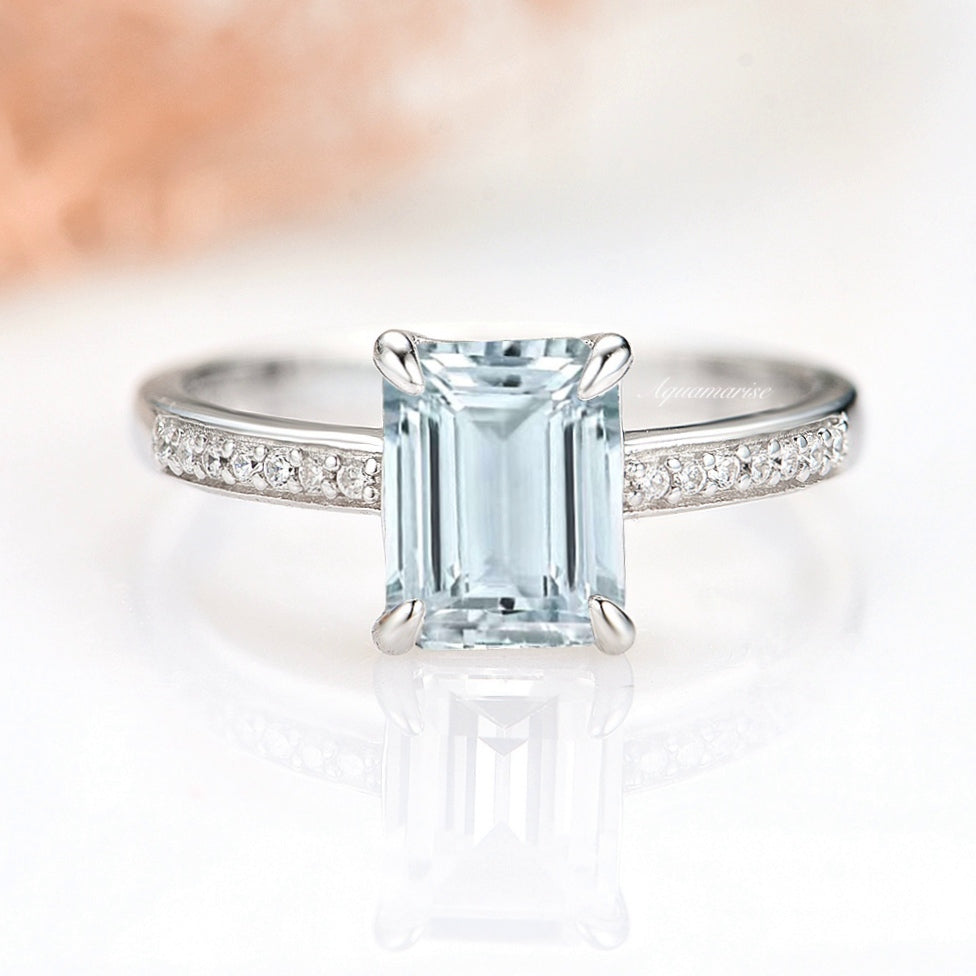 Emerald Cut Aquamarine Ring for Women - 925 Sterling Silver Wedding & Engagement Jewelry - Elegant Gift for Anniversary, Birthday & Special Occasions