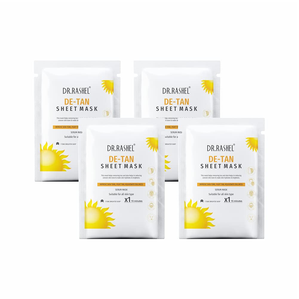 DR.RASHEL De-Tan Face Sheet Mask with Serum - Brightening & Hydrating for All Skin Types, Deep Cleansing, Oil Control & Skin Repair - 20g Each (Pack of 4) - Perfect for Post-Sun Care & Daily Skincare Routine