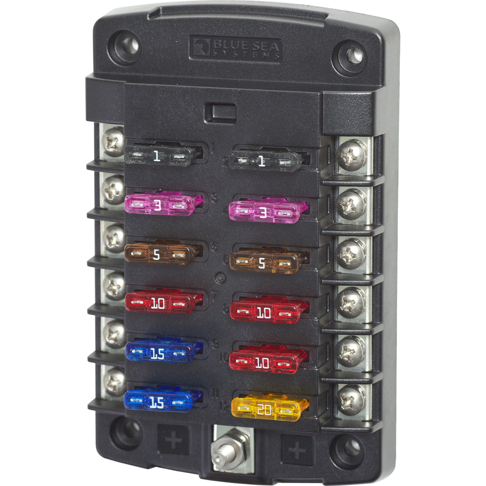 Blue Sea 5034 ST Blade Fuse Block - 12 Circuit Marine Fuse Panel without Cover & Negative Bus - Perfect for Boat, RV & Automotive Electrical Systems