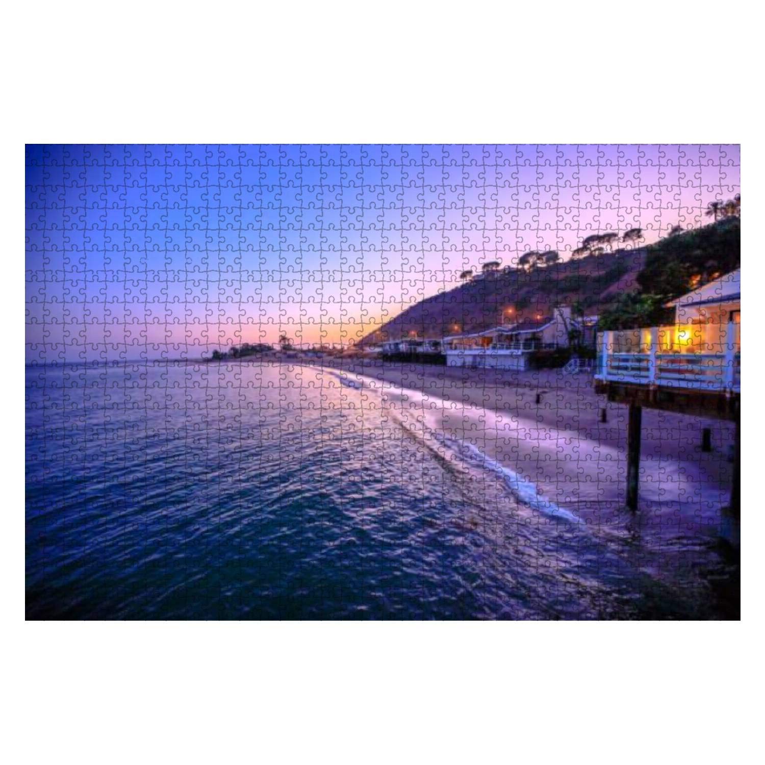 1000 Piece Wooden Jigsaw Puzzle - Surfrider Beach Malibu Night Skyline Panoramic Cityscape Puzzle for Adults & Kids - Educational Toy, Stress Relief Game - Perfect for Family Bonding & Relaxation