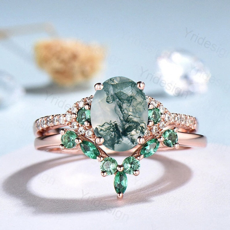 Elegant Moss Agate Ring Set - Vintage Green Stone Wedding Ring for Women, Unique Moss Agate Engagement Ring Bridal Set, Emerald Anniversary Gift - Perfect for Bridal Jewelry, Wedding Bands & Special Occasion Gifts
