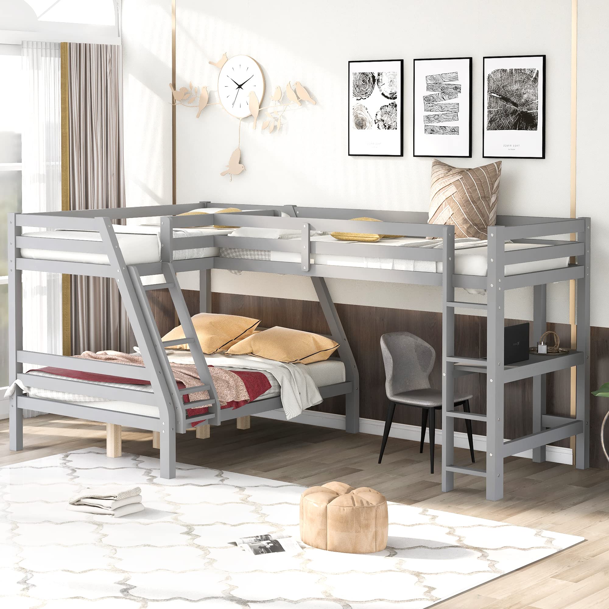 P PURLOVE Twin Over Full L-Shaped Bunk Bed Frame with Built-in Desk - Wood Slat Support, No Box Spring Needed - Space Saving Kids & Teens Bedroom Furniture for Small Rooms (Gray) | Perfect for Shared Siblings Rooms, Dormitories & Vacation Homes
