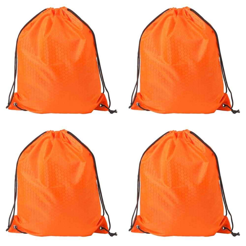 4 Pack Drawstring Backpack - Lightweight Polyester Cinch Sack with Adjustable Strings, Portable Nylon Backpack for School, Travel, Gym, Yoga, Outdoor Sports & Storage (Orange) - Perfect for Students, Camping Trips, Workout Sessions and Everyday Use