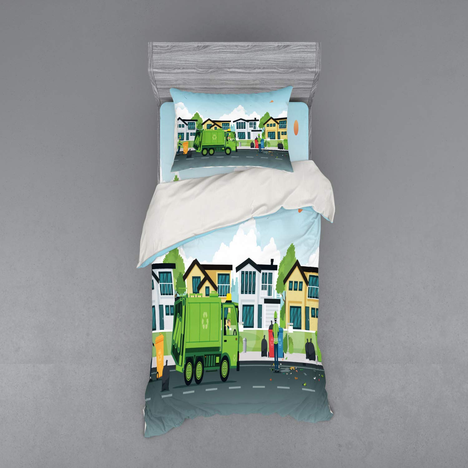 Ambesonne Garbage Truck Duvet Cover Set - 3 Piece Twin XL Bedding with Sham & Fitted Sheet, Fern Green Blue Design Featuring Road Scene with Houses & Waste Collectors - Perfect for Kids' Rooms, Truck-Themed Bedrooms & Gift Ideas