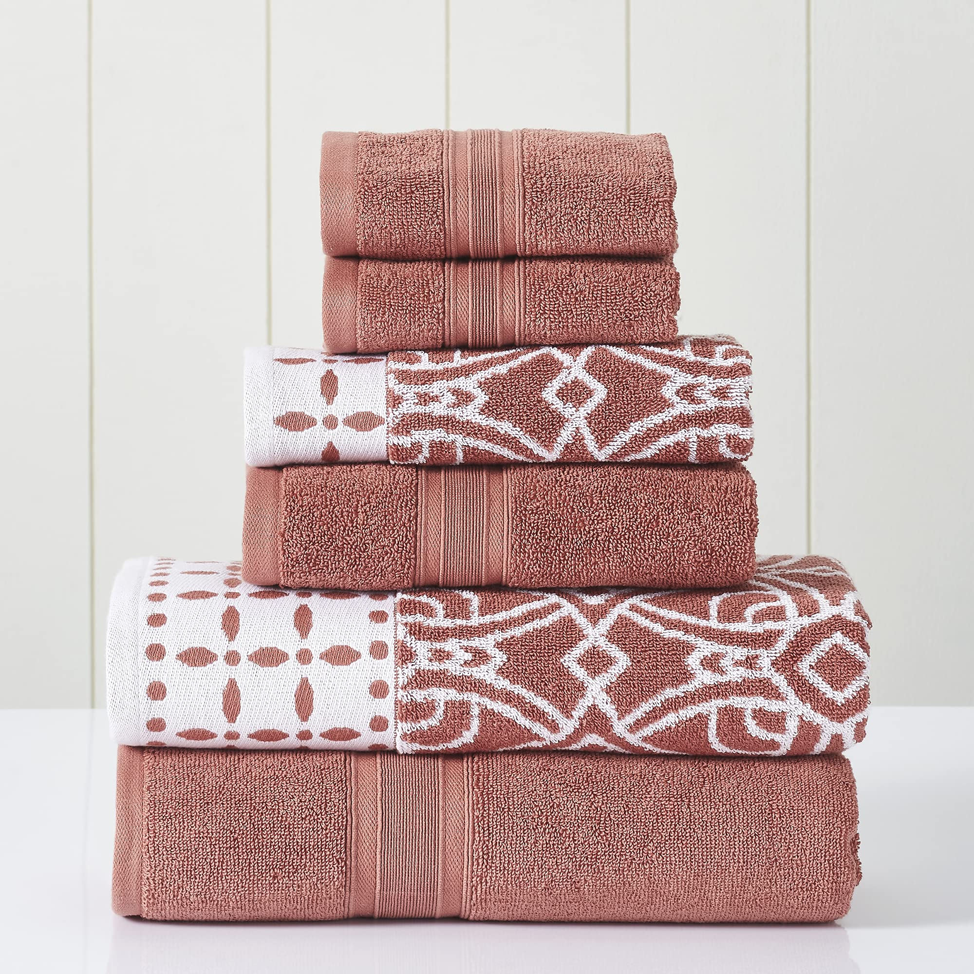 Modern Threads 6-Piece Luxury Bath Towel Set - 2 Bath Towels, 2 Hand Towels, 2 Washcloths - Yarn Dyed Jacquard & Solid Towels - Monroe Clay Color - Soft & Absorbent for Spa, Bathroom & Guest Use