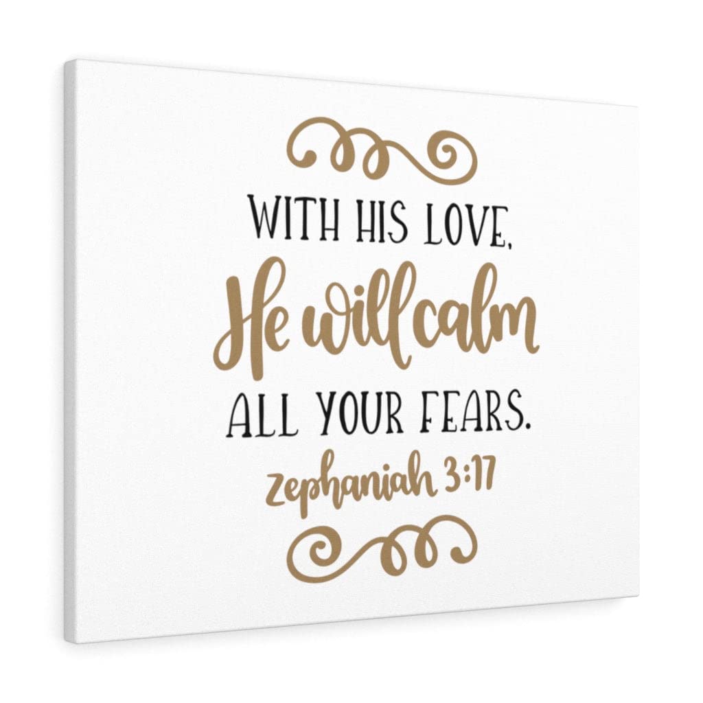 Christian Wall Art with Bible Verse - Zephaniah 3:17 'He Will Calm' Scripture Print, Ready to Hang Home Decor for Bedroom, Living Room & Office - Express Your Love Gifts for Faithful Christians