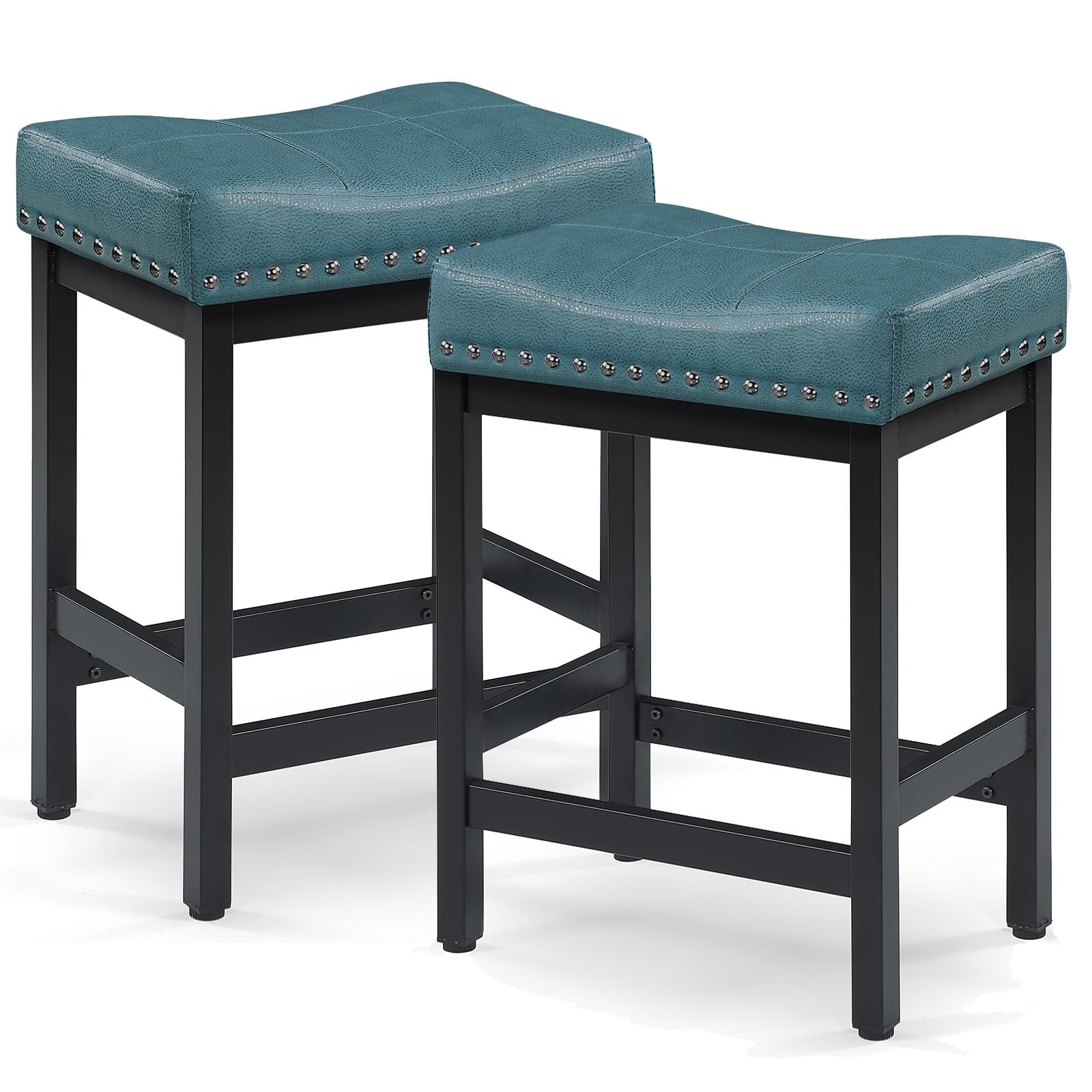 OUllUO Bar Stools Set of 2 - Blue Faux Leather Counter Height Stools with Black Metal Frame for Kitchen Island, Dining & Bar - KS918PN-GR