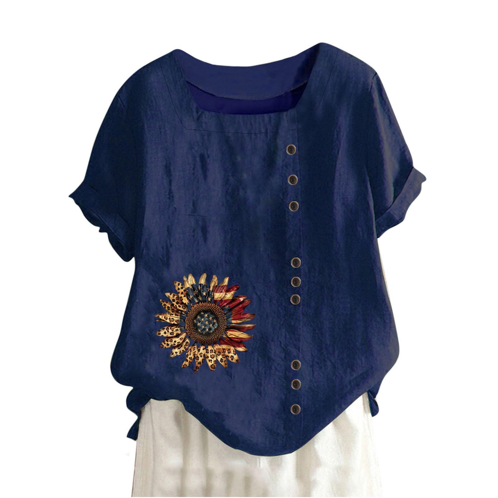 Women's Cotton Linen Top - American Flag Sunflower Shirt for Summer & 4th of July Outfits