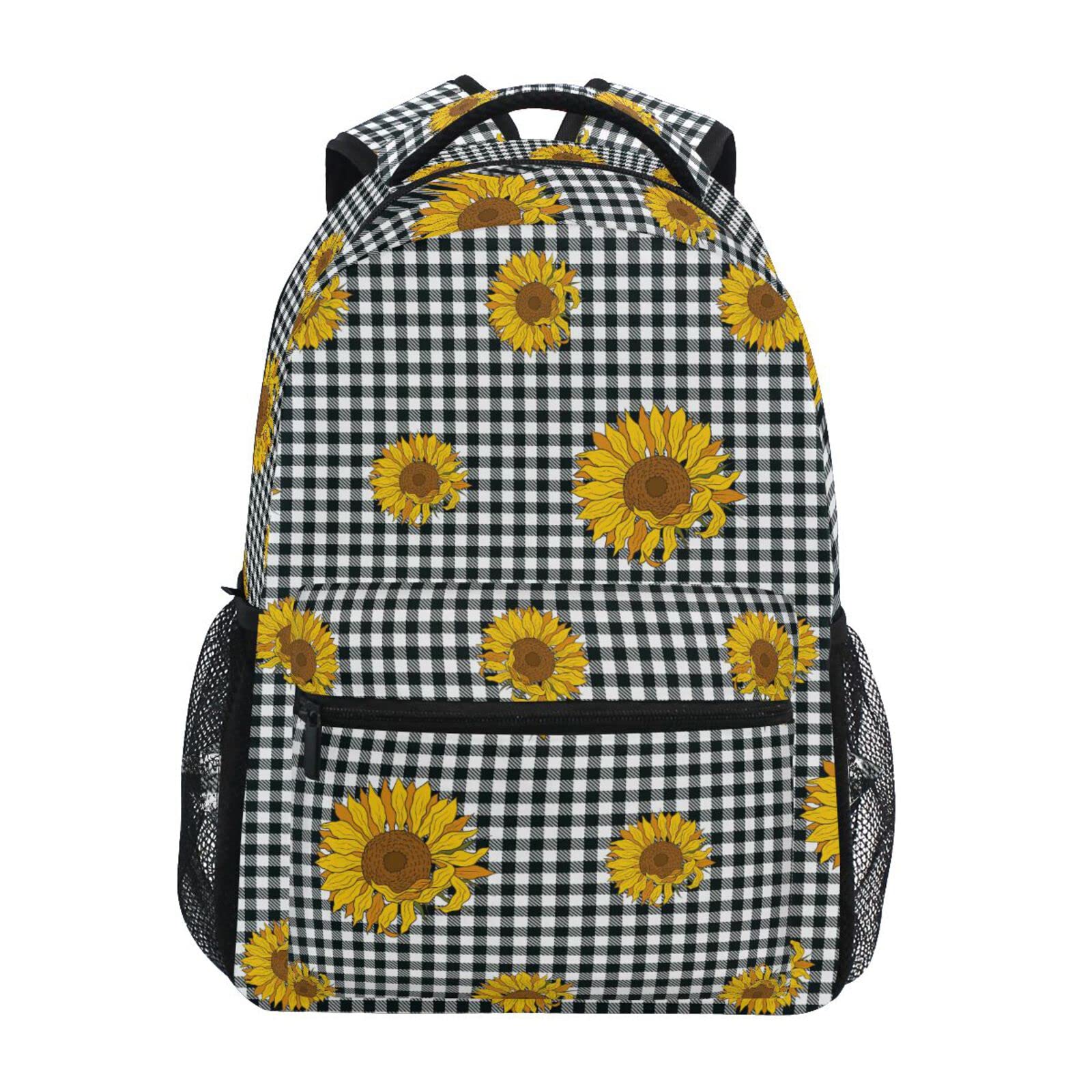 ALAZA Sunflower Buffalo Check Plaid Backpack Purse - 16.9 Inch Multi-Pocket Laptop Book Bag for Women | School, Travel & Work | Personalized Name Card Holder | Stylish Casual & Office Use