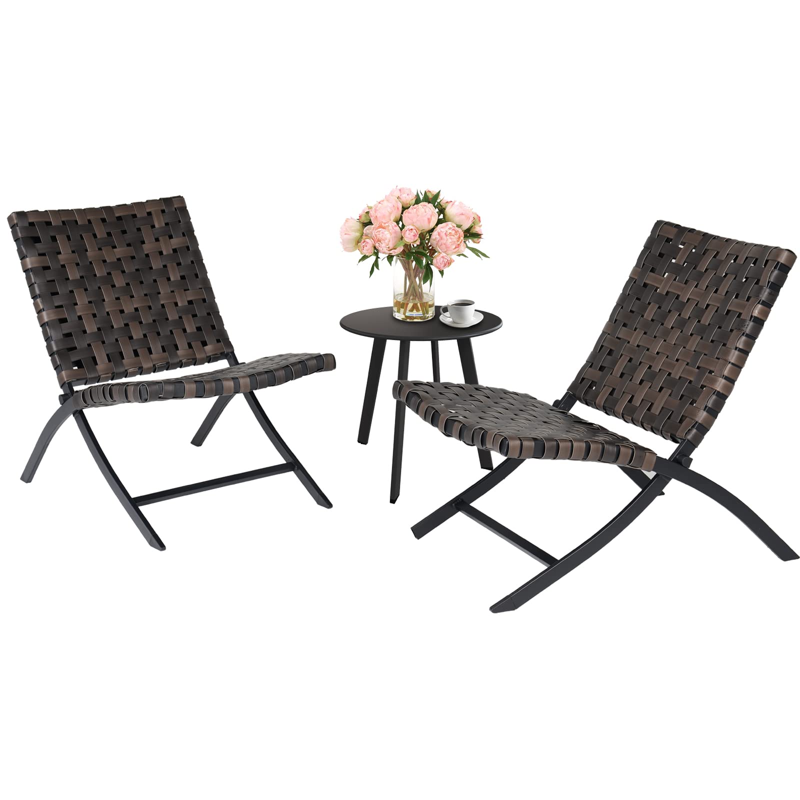 3-Piece Outdoor Folding Adirondack Chair Set - Weather-Resistant Rattan Patio Furniture with Coffee Table for Balcony, Lawn, Porch & Garden - Cordovan Brown - Perfect for Backyard Relaxation, Poolside Lounging & Outdoor Entertaining