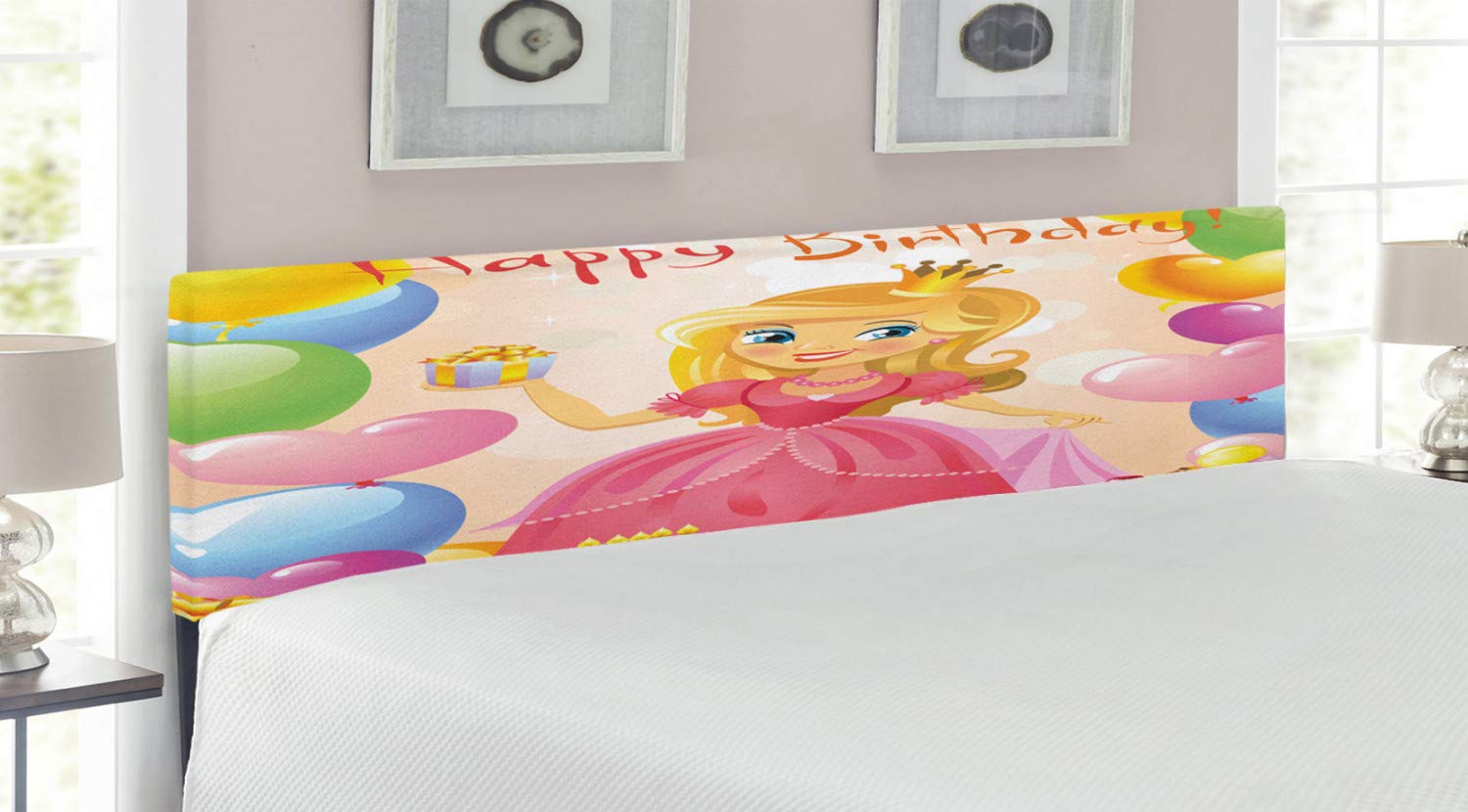 Ambesonne King Size Upholstered Headboard - Birthday Girl Cartoon Design with Hearts & Balloons, Decorative Metal Bed Frame with Memory Foam | Perfect for Girls' Bedroom, Birthday Gift & Kids Room Decor