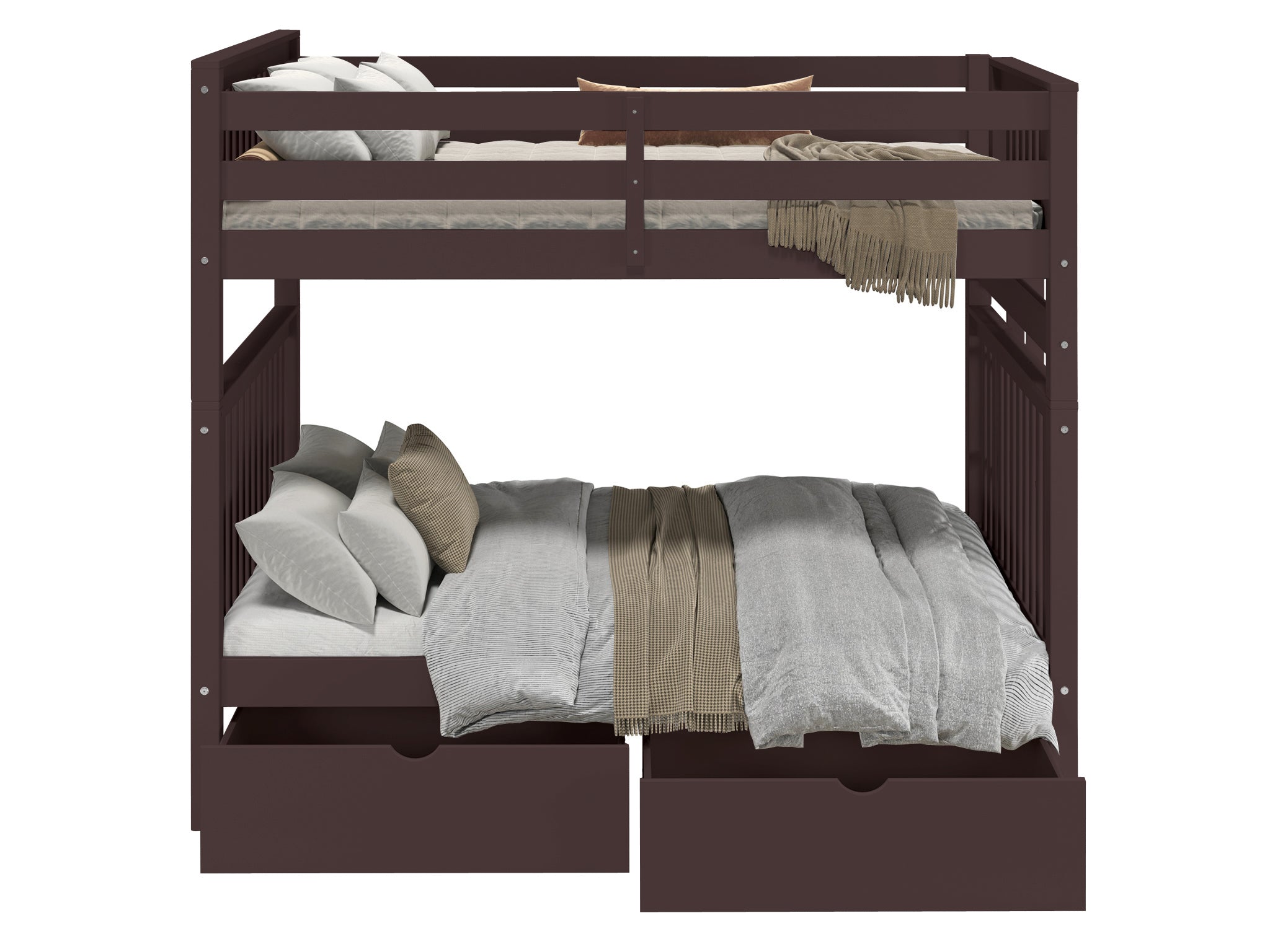 Full Over Full Bunk Beds with 2 Drawers in Dark Cherry Finish - Space-Saving Twin Bed for Kids & Teens Bedroom, Guest Room, or Dorm