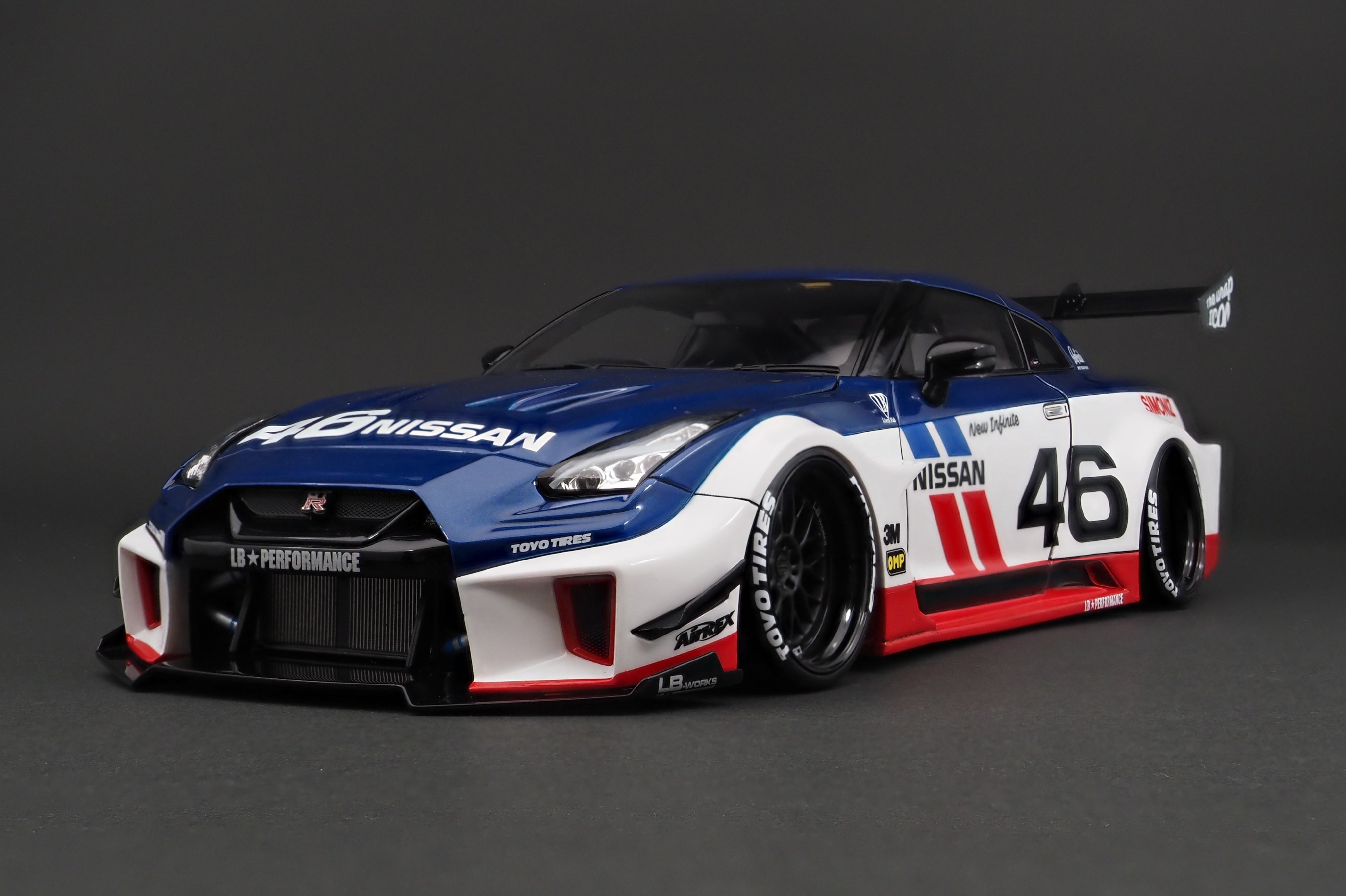 1:43 Scale Nissan GT-R GT3 LB Works Silhouette Diecast Model Car - Red, White & Blue Racing Collectible for Display & Car Enthusiasts