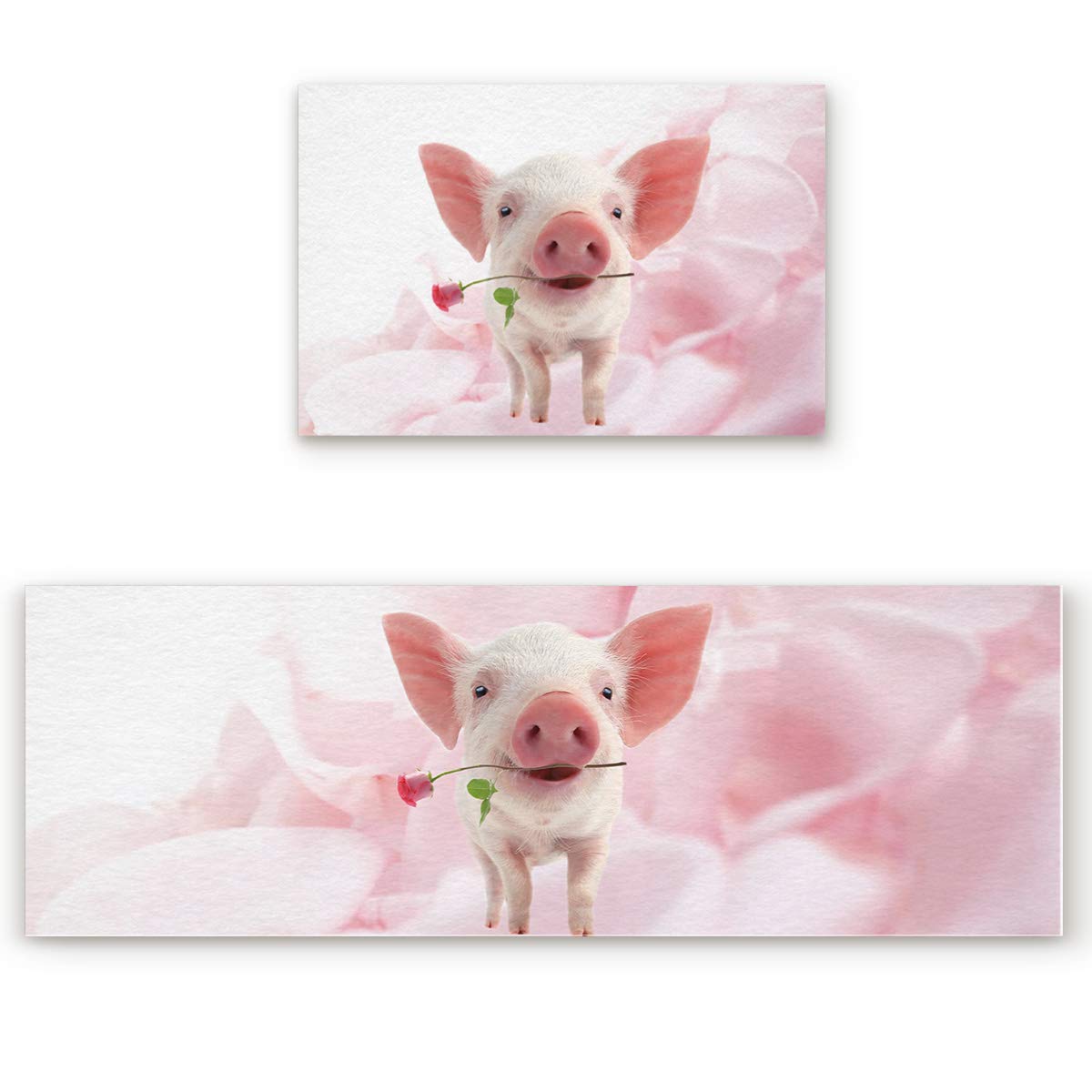 Funny Pig Kitchen Mats - Anti-Fatigue Cushioned Floor Mats, Non-Slip Washable 2-Piece Set with Cute Pigs & Floral Rose Design - Perfect for Kitchen, Laundry Room, or Entryway Decor