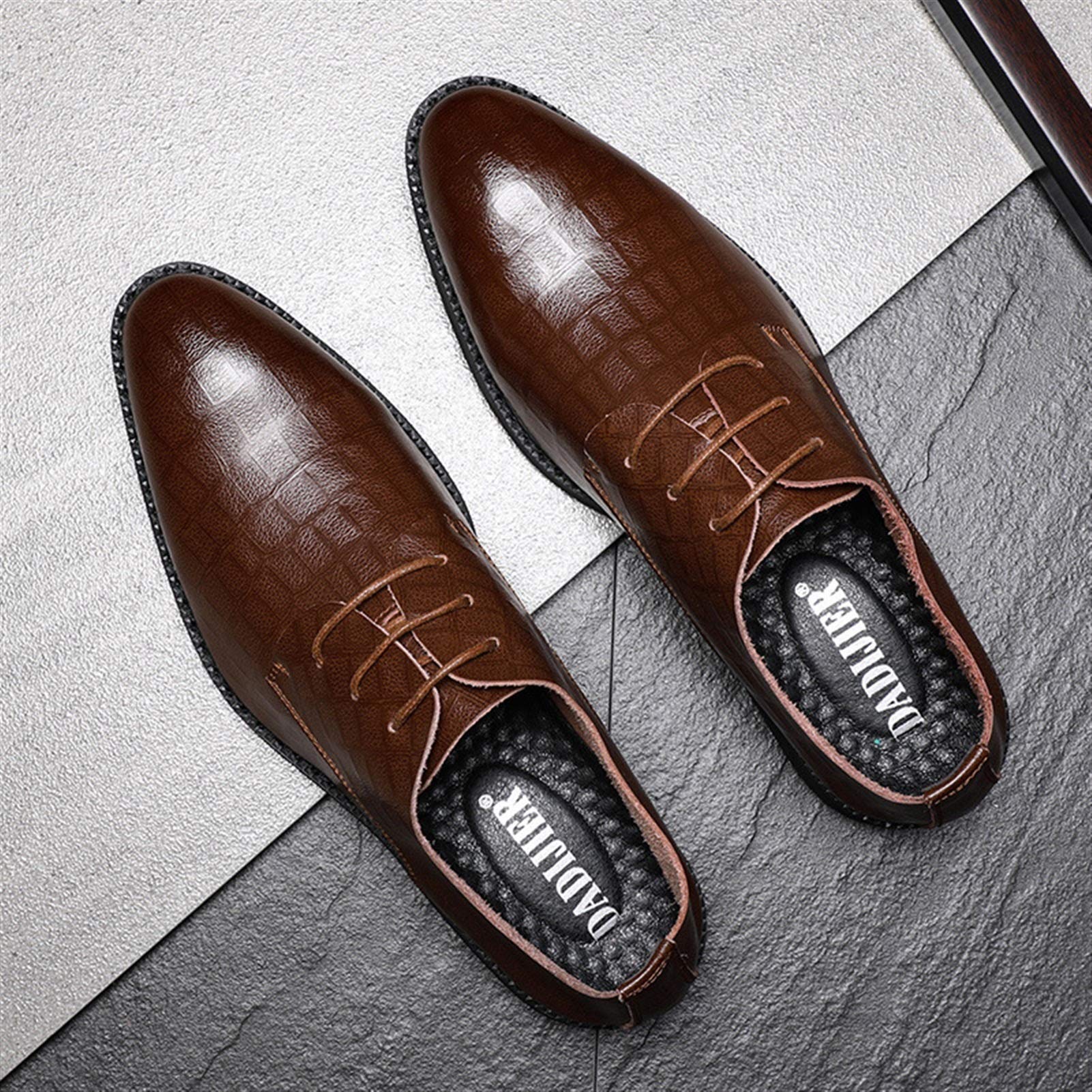 Men's Leather Dress Shoes - Oxford Lace-Up Derby Shoes with Burnished Round Toe, Non-Slip Rubber Sole & Block Heel | Formal Business, Office, Wedding & Prom Attire | Brown Leather Shoes for Men