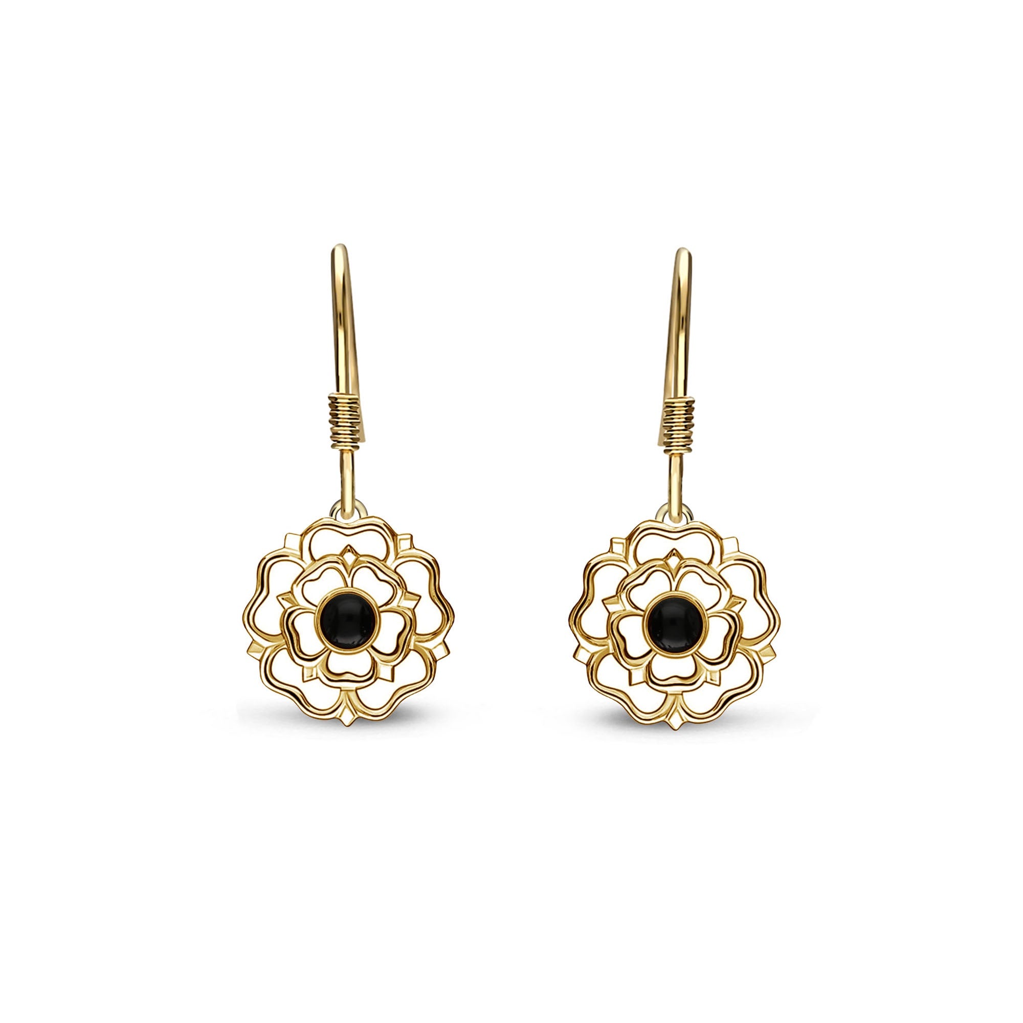 Yellow Gold Vermeil Whitby Jet Yorkshire Rose Drop Earrings – Elegant Dangle Earrings for Women, Perfect for Weddings, Parties & Special Occasions