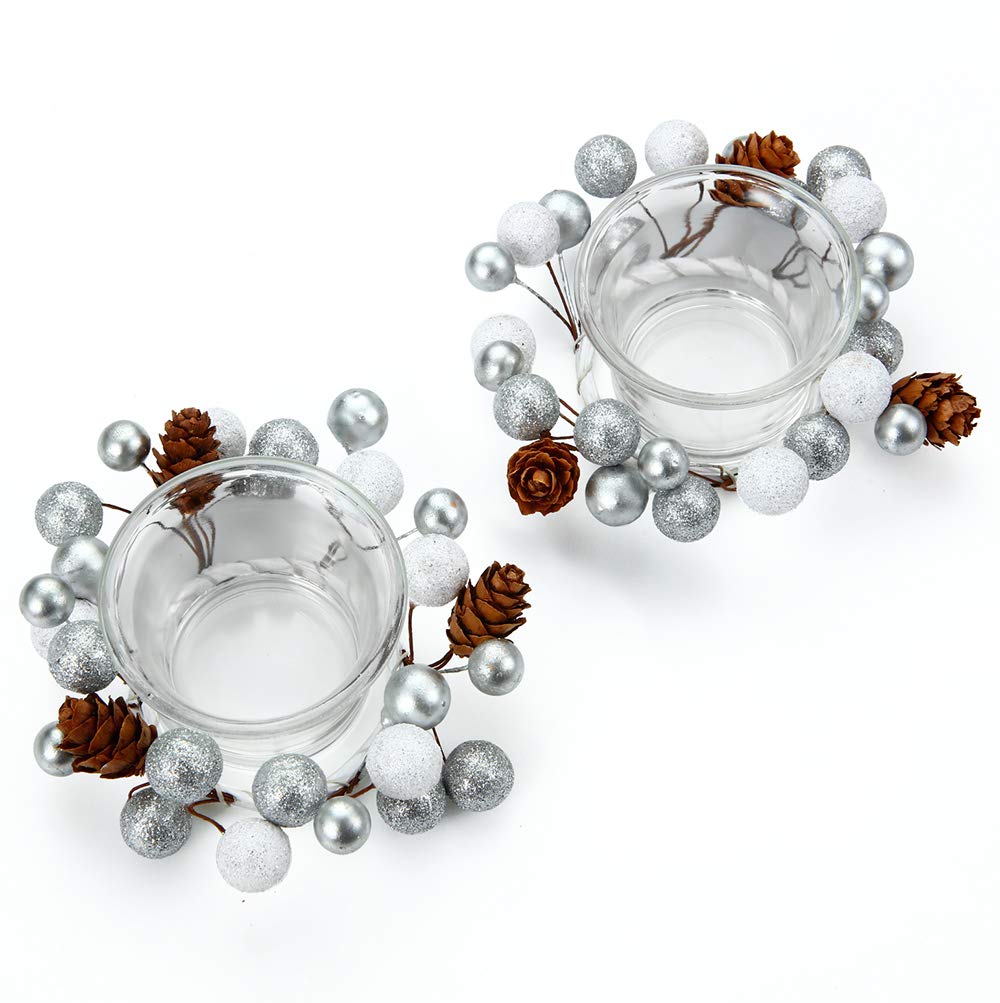 OYATON Set of 2 Christmas Glass Votive Candle Holders with Pinecone Berry Wreath - Decorative Tealight Holders for Home, Wedding, Living Room & Bedroom Decor - Perfect for Holiday Centerpieces, Cozy Winter Nights and Festive Tablescapes (Candles Not Included)