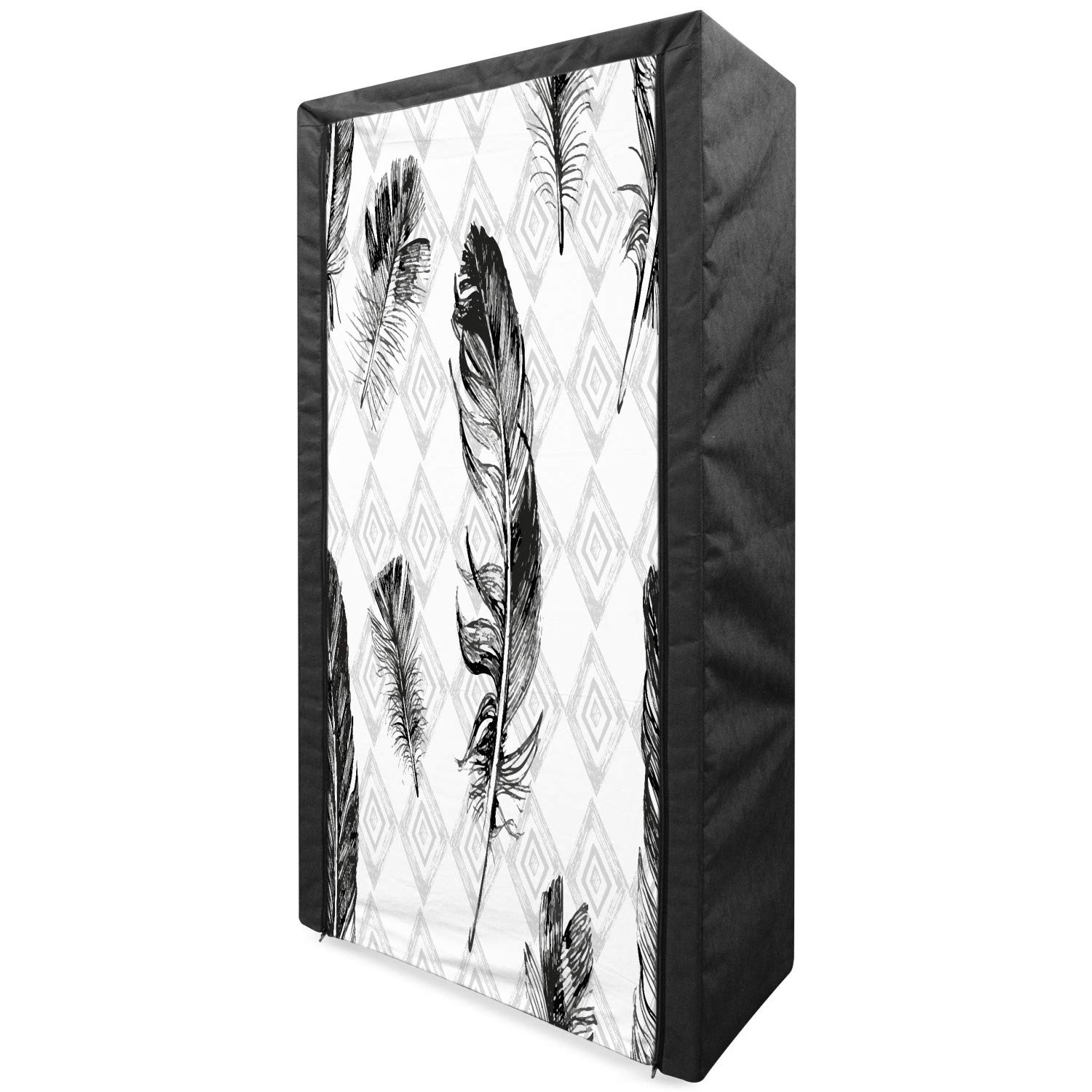Ambesonne Feather Portable Fabric Wardrobe - Foldable Closet Organizer with Shelves, Geometric Mosaic Pattern in Black White & Pale Grey (33.5