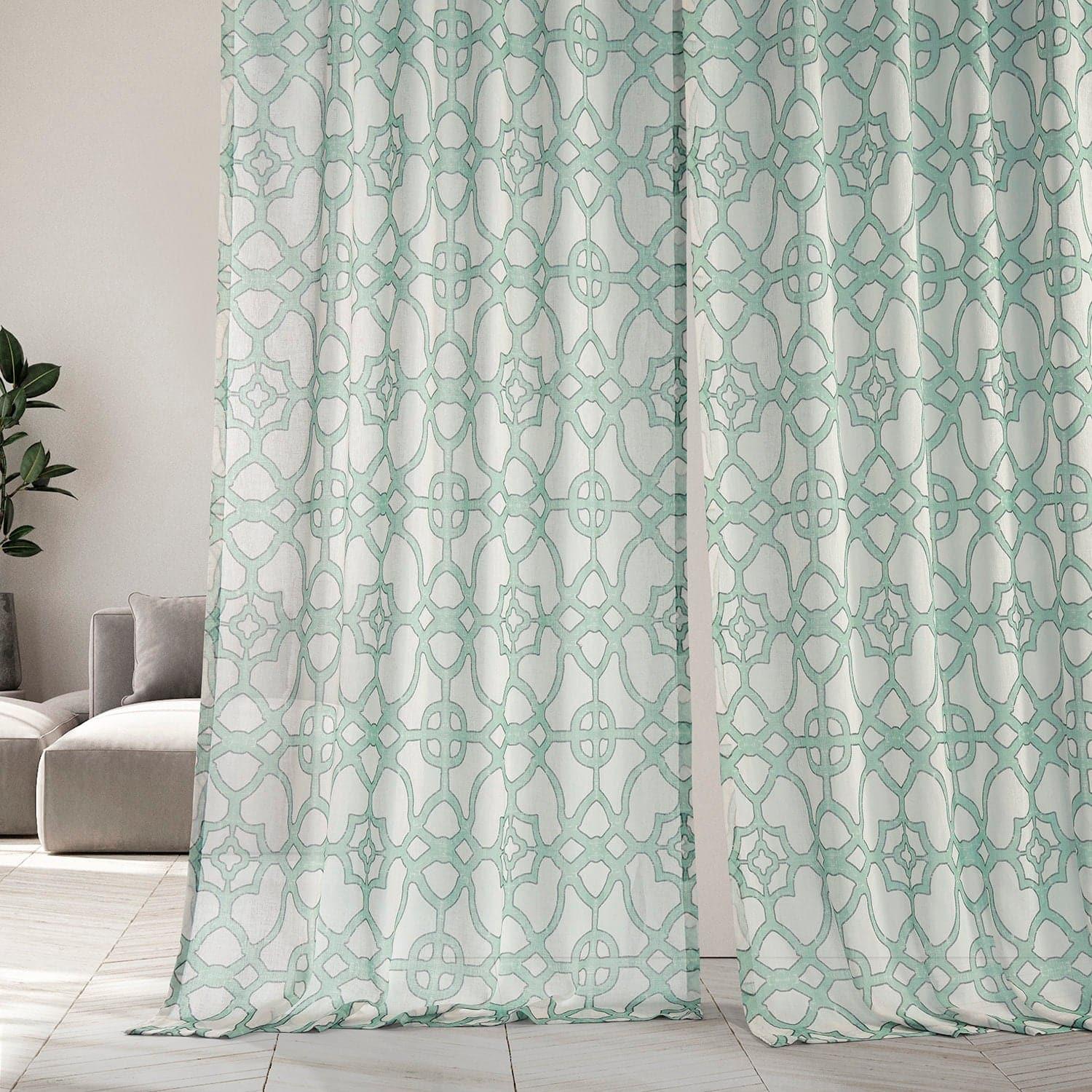SeaGlass Blue Geometric Printed Sheer Custom Curtains for Living Room & Bedroom - Light Filtering Window Drapes with Modern Design